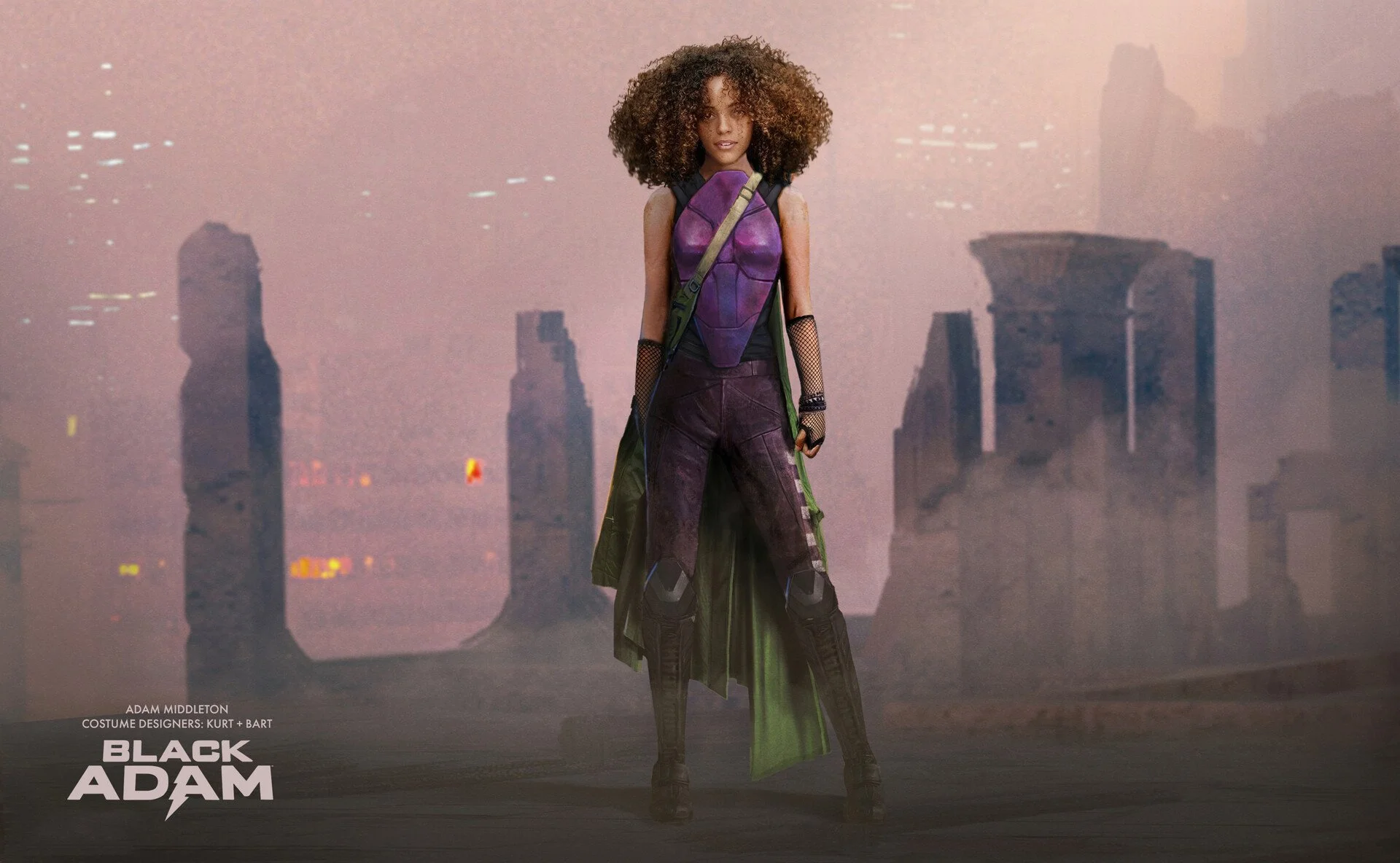 A woman with curly hair dressed in futuristic costume, standing in front of a city skyline with tall buildings, during dusk or dawn.