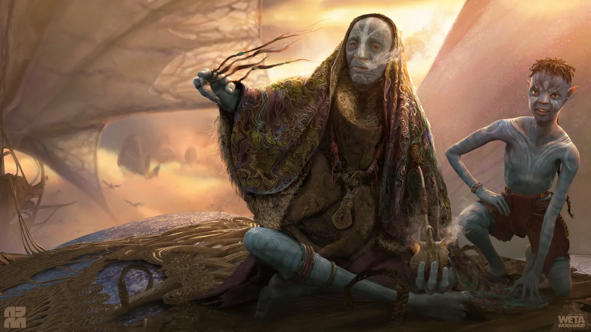 Two alien characters, one with gray-blue skin and another with darker skin and orange eyes, are sitting on a detailed, textured surface with a futuristic background. The scene has a warm, orange glow with ships flying in the sky. Avatar Fire and Ash.