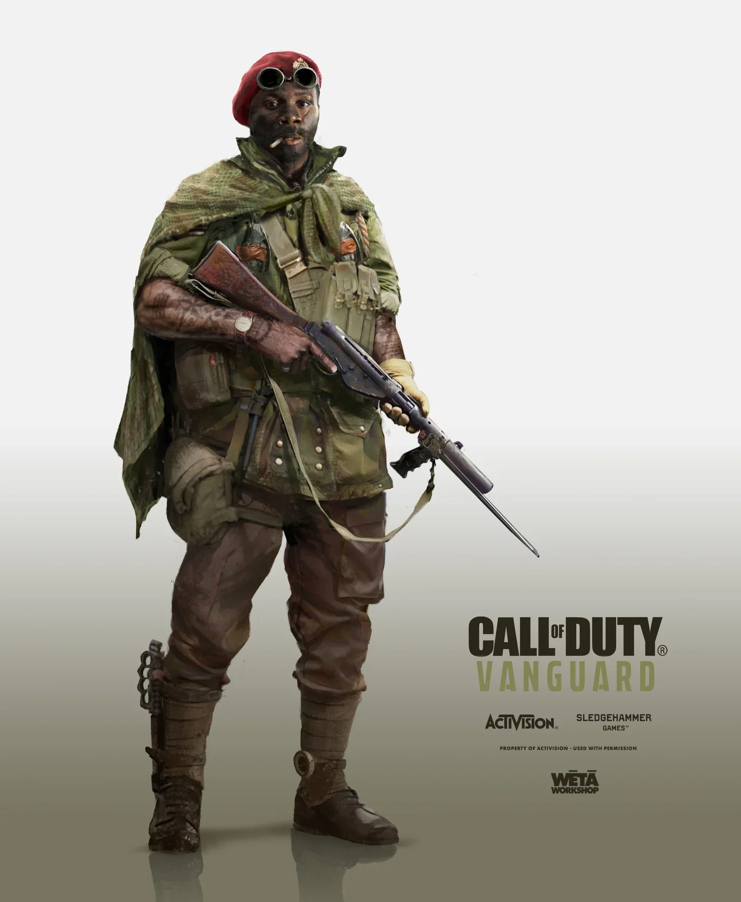 A character wearing military gear, a red beret with goggles, holding a rifle, and smoking a cigarette, from the game Call of Duty: Vanguard.