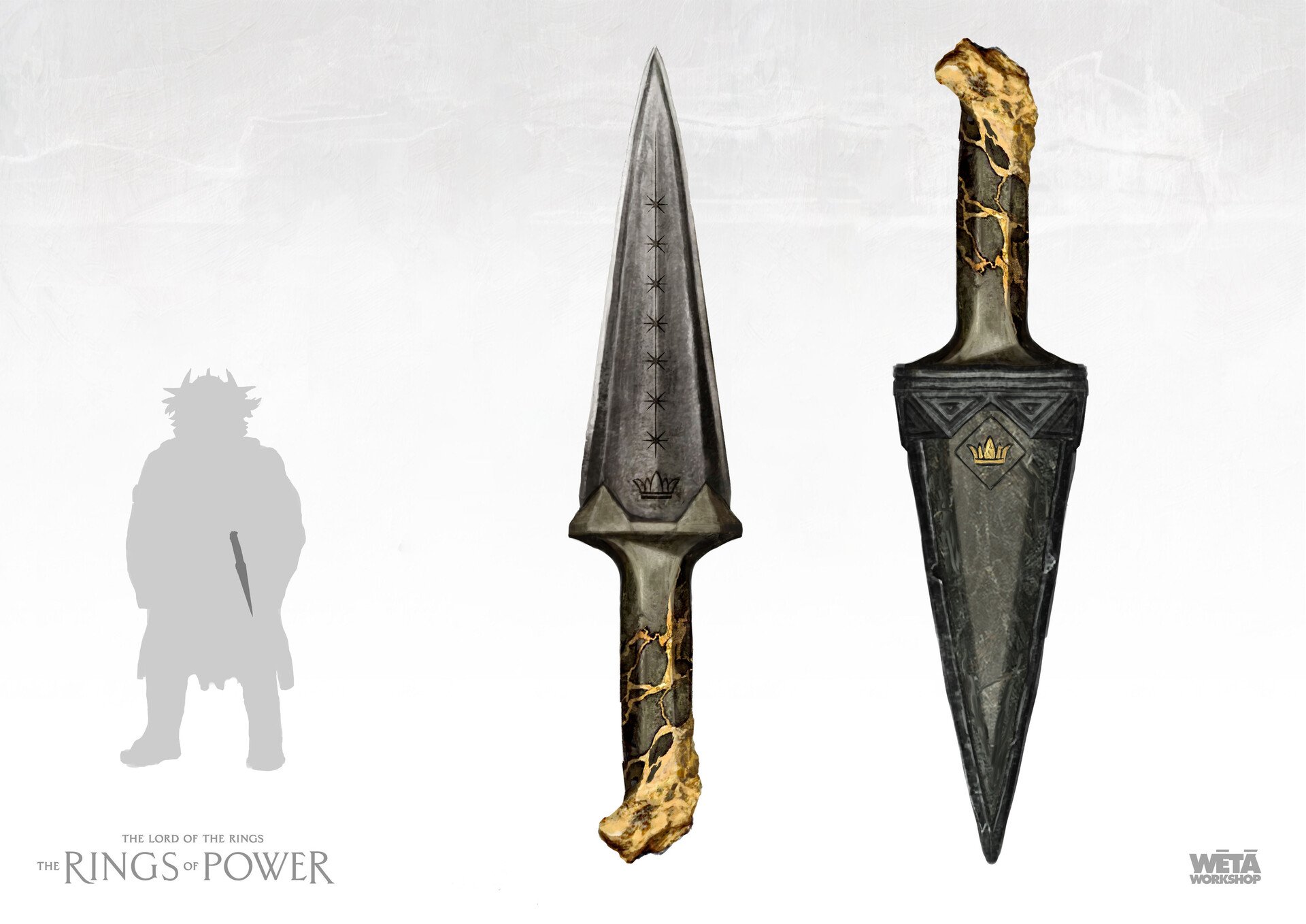Two swords from the Lord of the Rings: one with a dark blade and gold accents, the other with a light-colored, textured handle with gold-backed crown insignia.