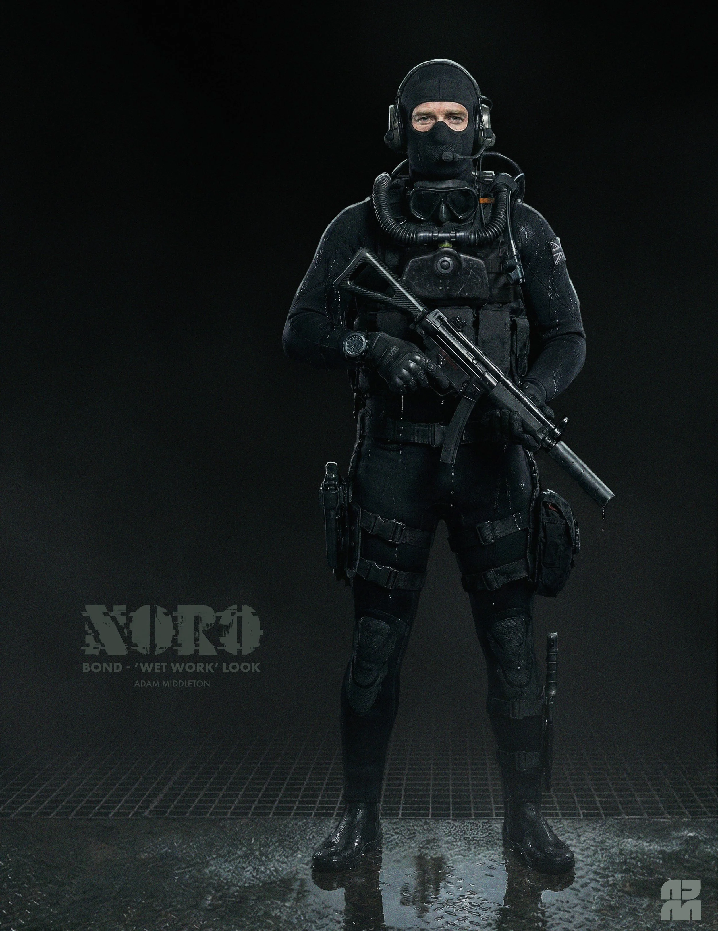 A man dressed as a secret agent standing in the rain, wearing black tactical gear, a hood, goggles, and a communications headset, holding a rifle. The background is dark, with the Wet Look logo and text about the James Bond film "No Time to Die" by A