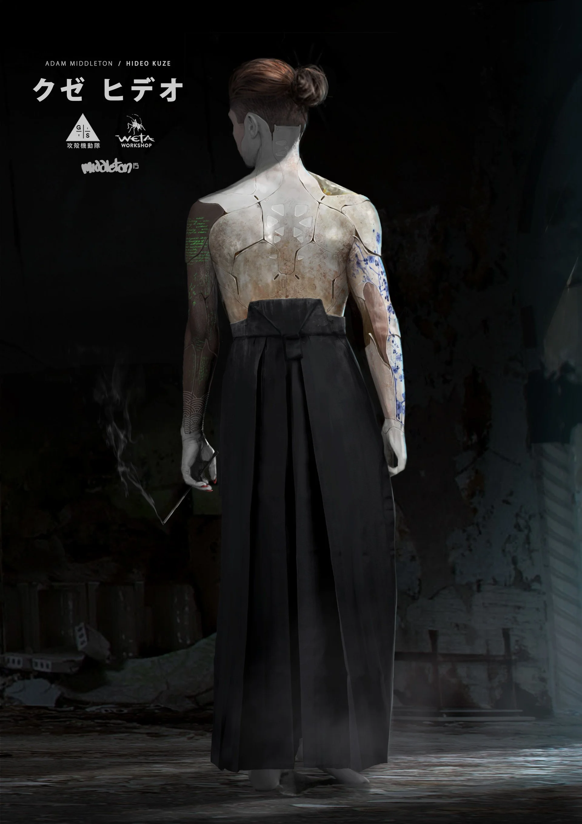 A person with tattoos on their arms and back, wearing a dark skirt and standing on a wooden floor, is seen from behind in a dimly lit room. The person has short hair tied up and is barefoot.