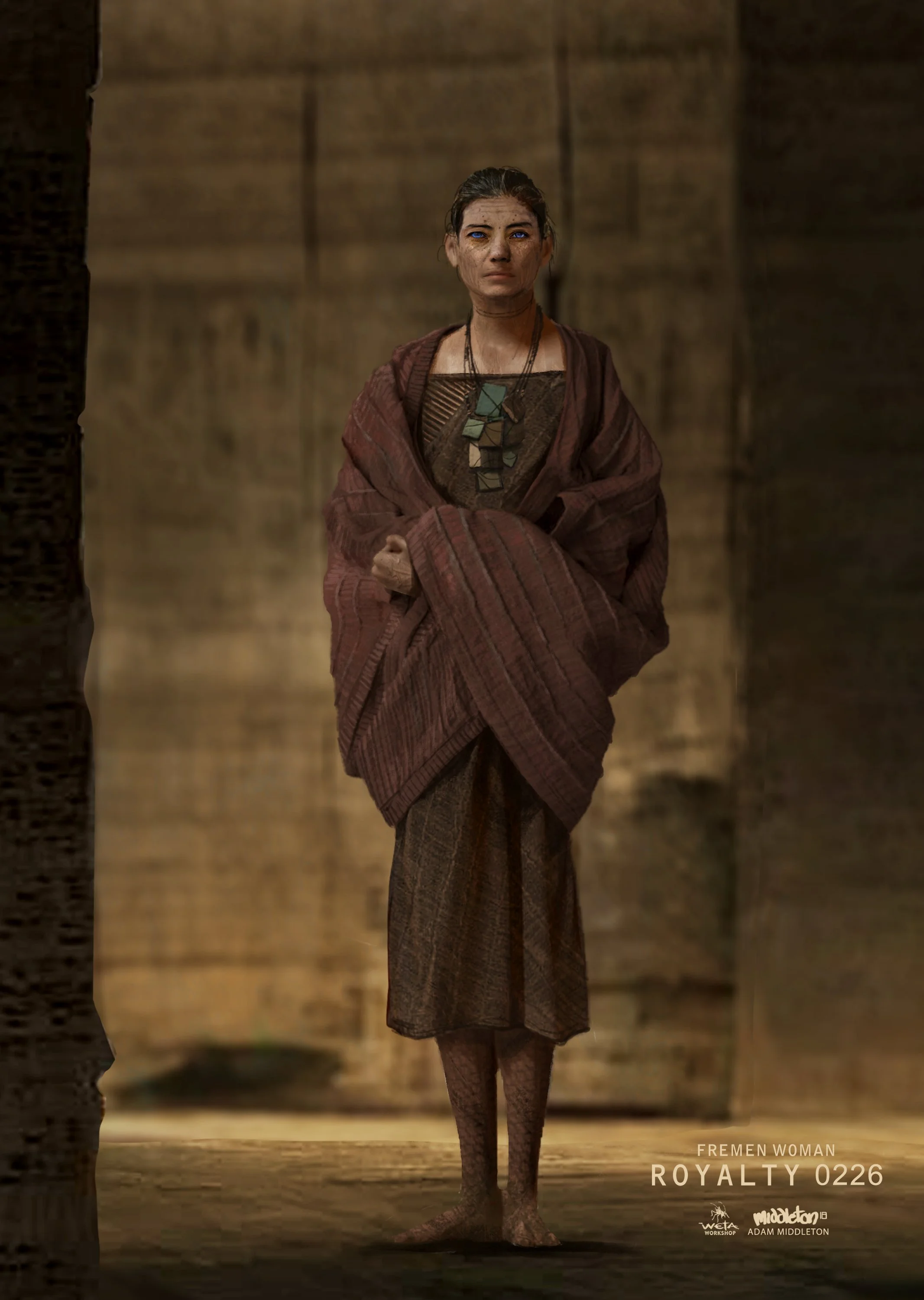 A woman on a runway wearing a textured brown outfit with a shawl, accessorized with a geometric necklace, with a neutral background and text indicating 'Fremen Woman - Royalty 0226'. Dune Costume Design