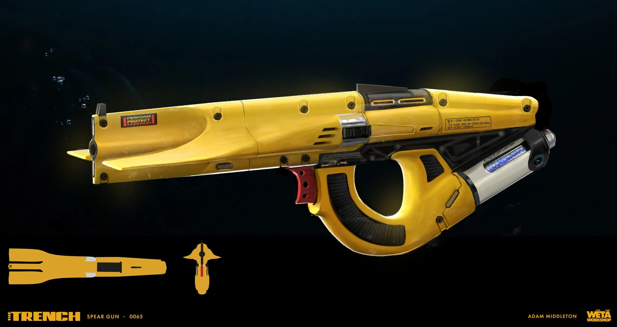 A detailed illustration of a yellow sci-fi weapon labeled 'The Trench' by WETA Workshop, showing multiple views and specifications.
