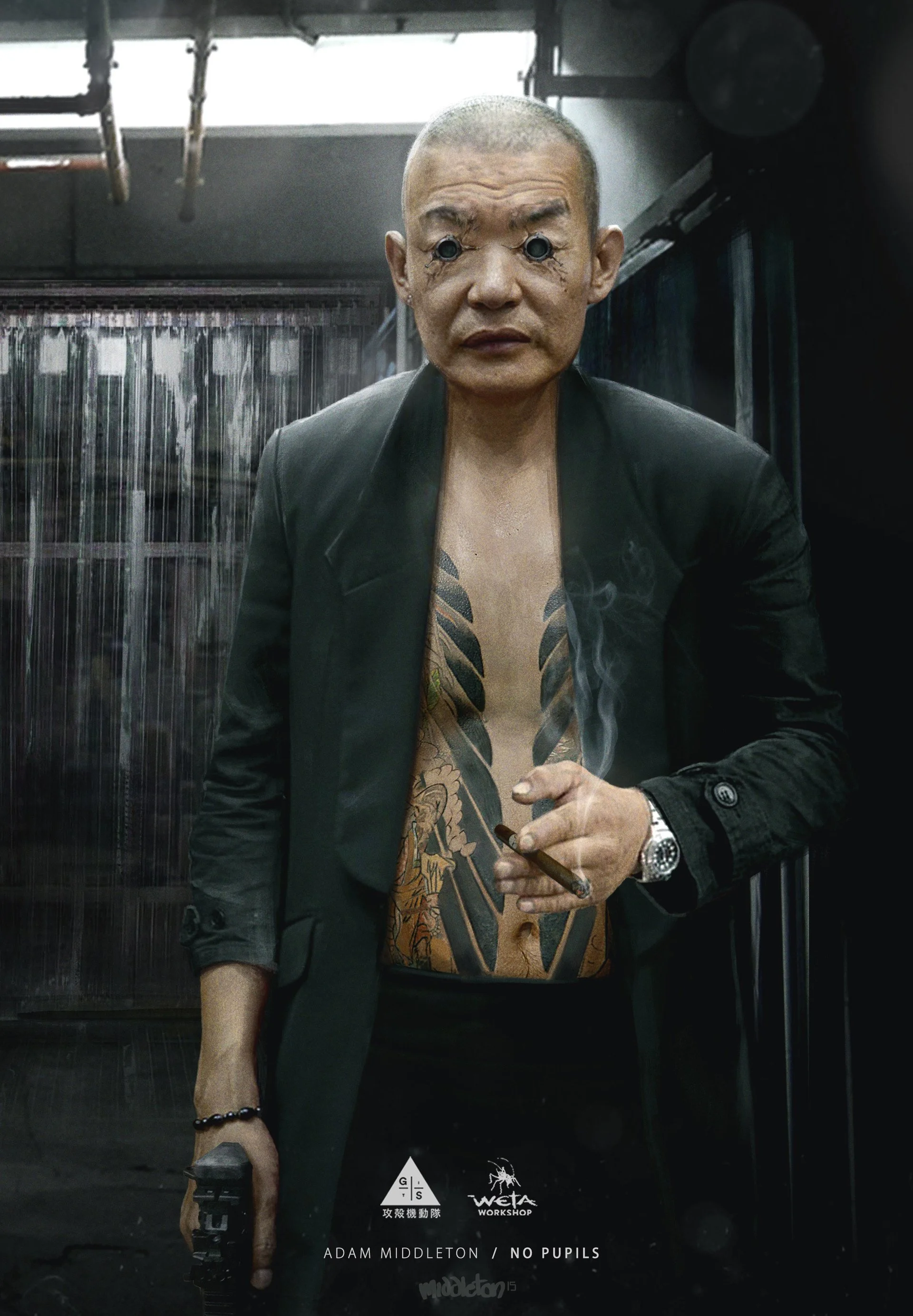 Person with a shaved head and multiple facial piercing, holding a gun and a cigar, wearing a dark blazer and tattooed chest, in an industrial setting.