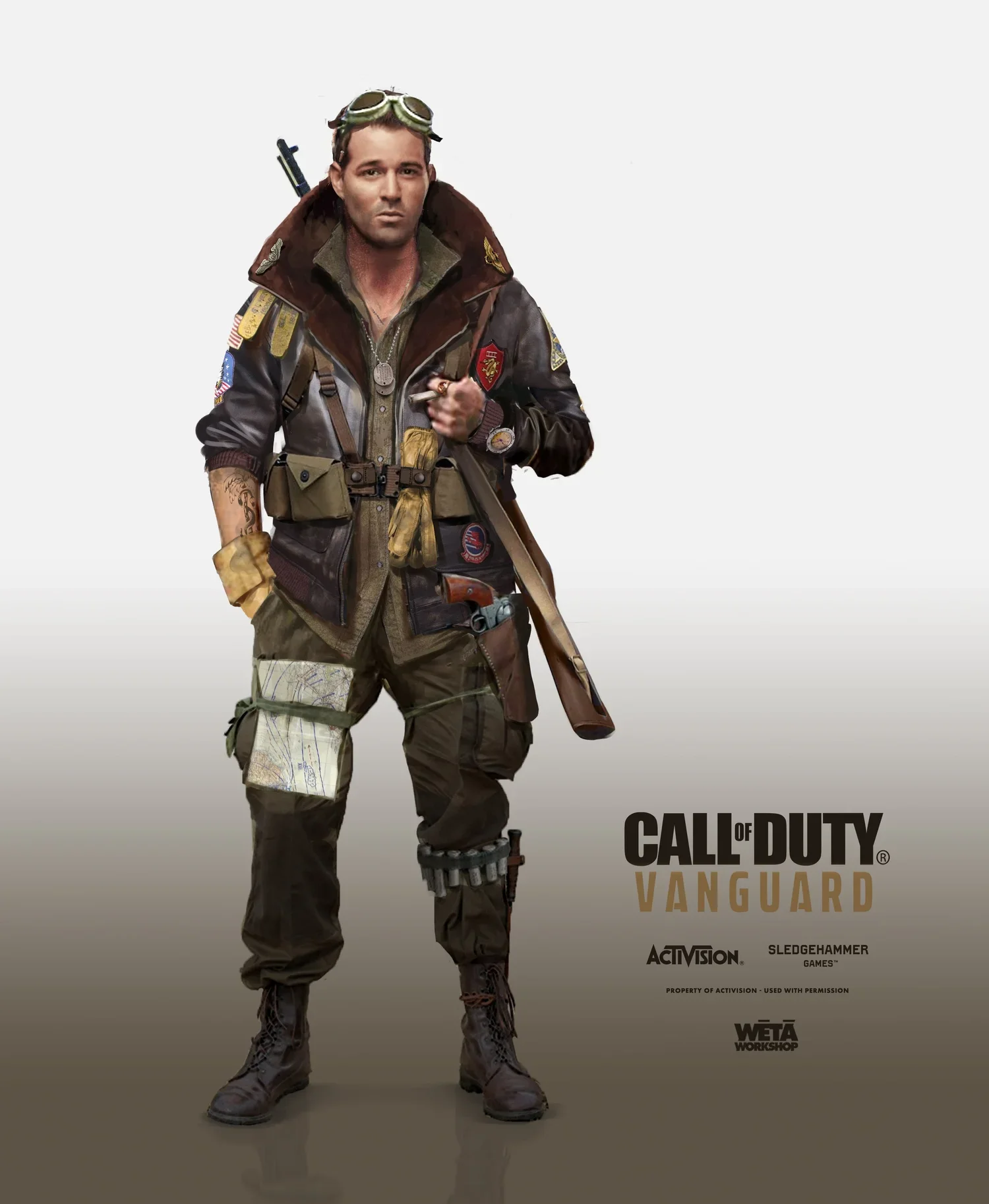 A male soldier in military gear, holding a rifle, wearing goggles, and standing against a plain background with the text 'Call of Duty: Vanguard' and logos for Activision and Sledgehammer Games.