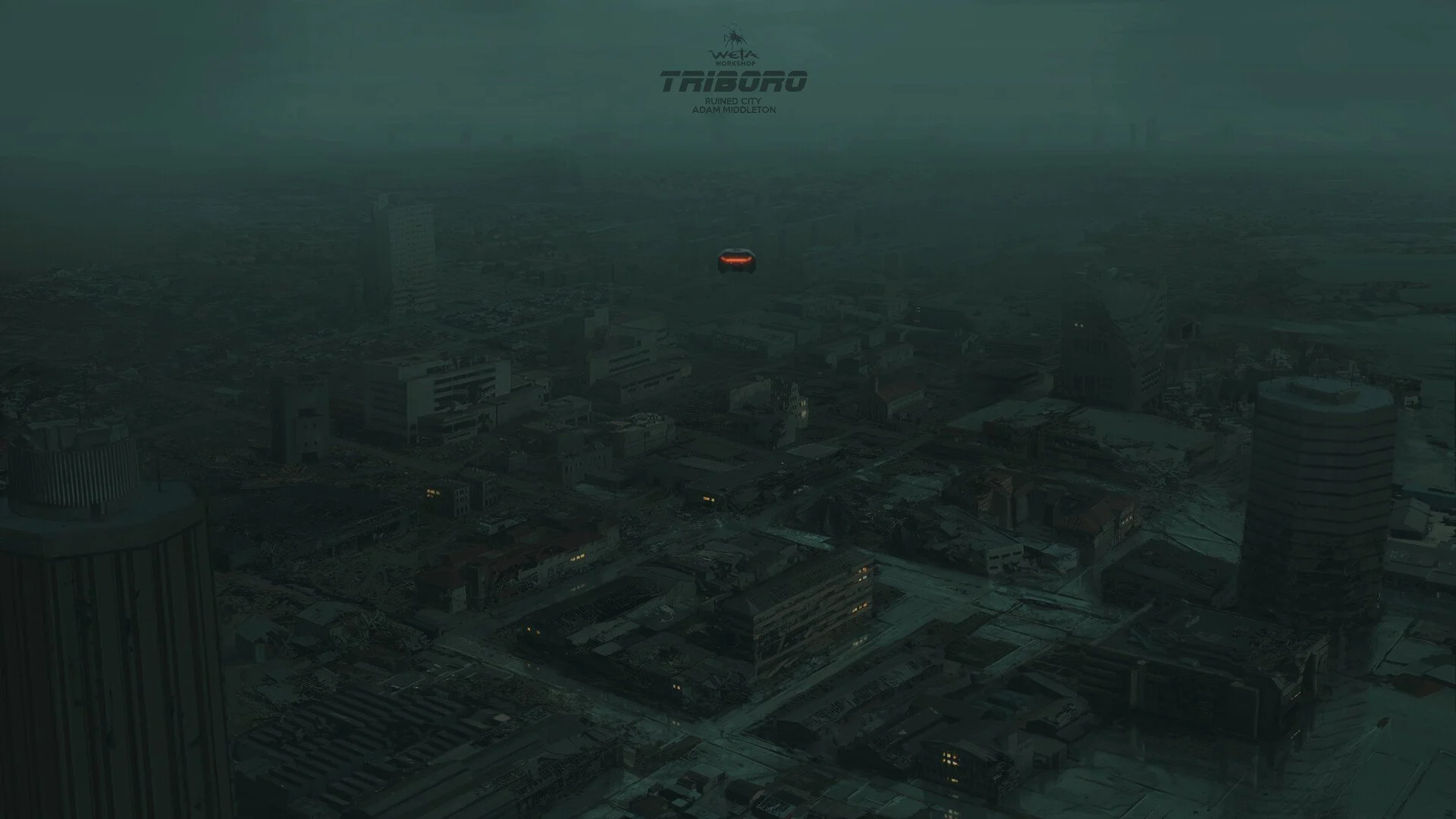 A dark, cloudy cityscape with tall buildings and a futuristic flying vehicle emitting red light, centered above the city, under a greenish, hazy sky with text and logos at the top.