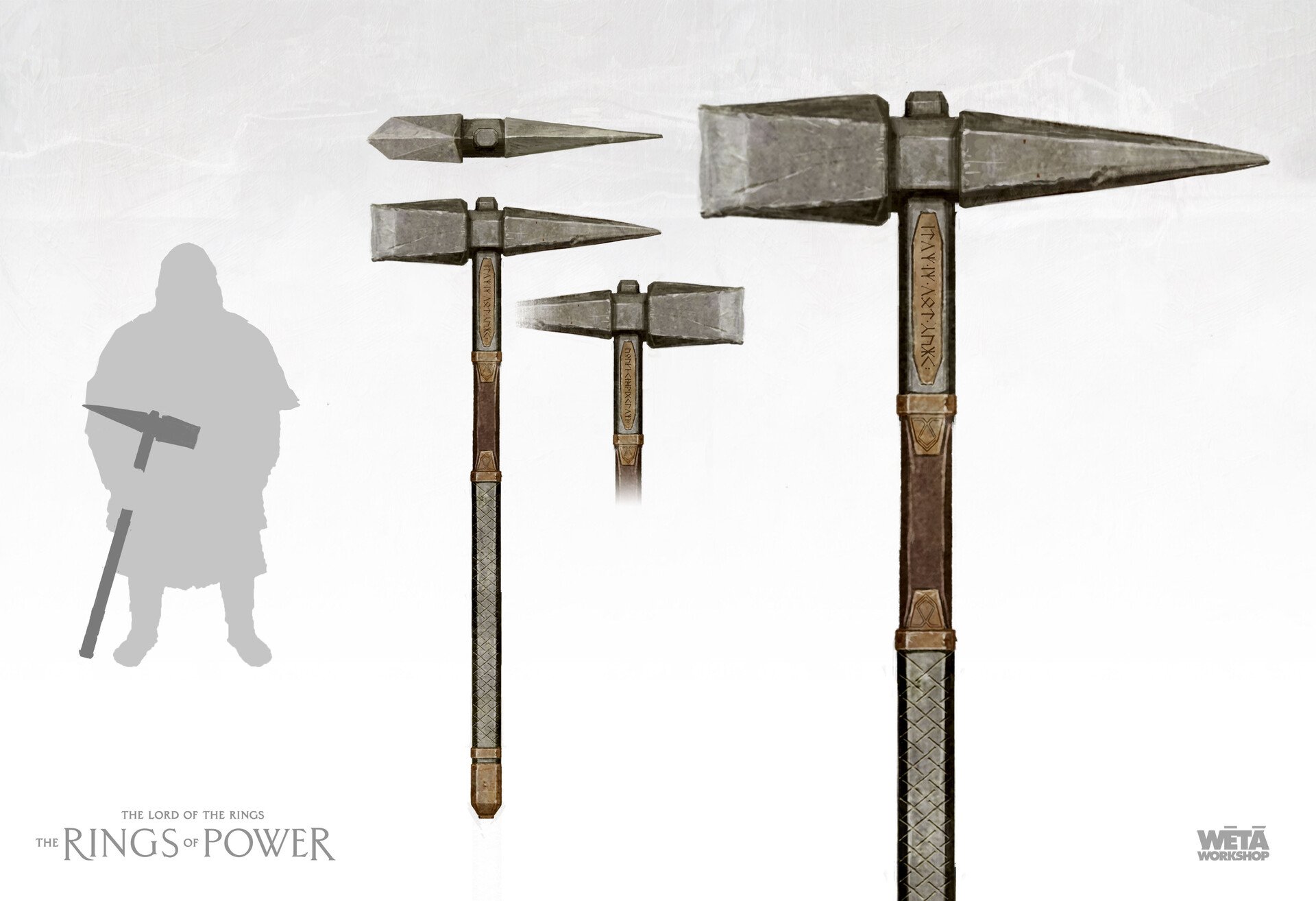 Three warrior spears with different sizes and designs, alongside a shadowed silhouette of a person holding a spear, with text referencing 'The Lord of the Rings: The Rings of Power'}