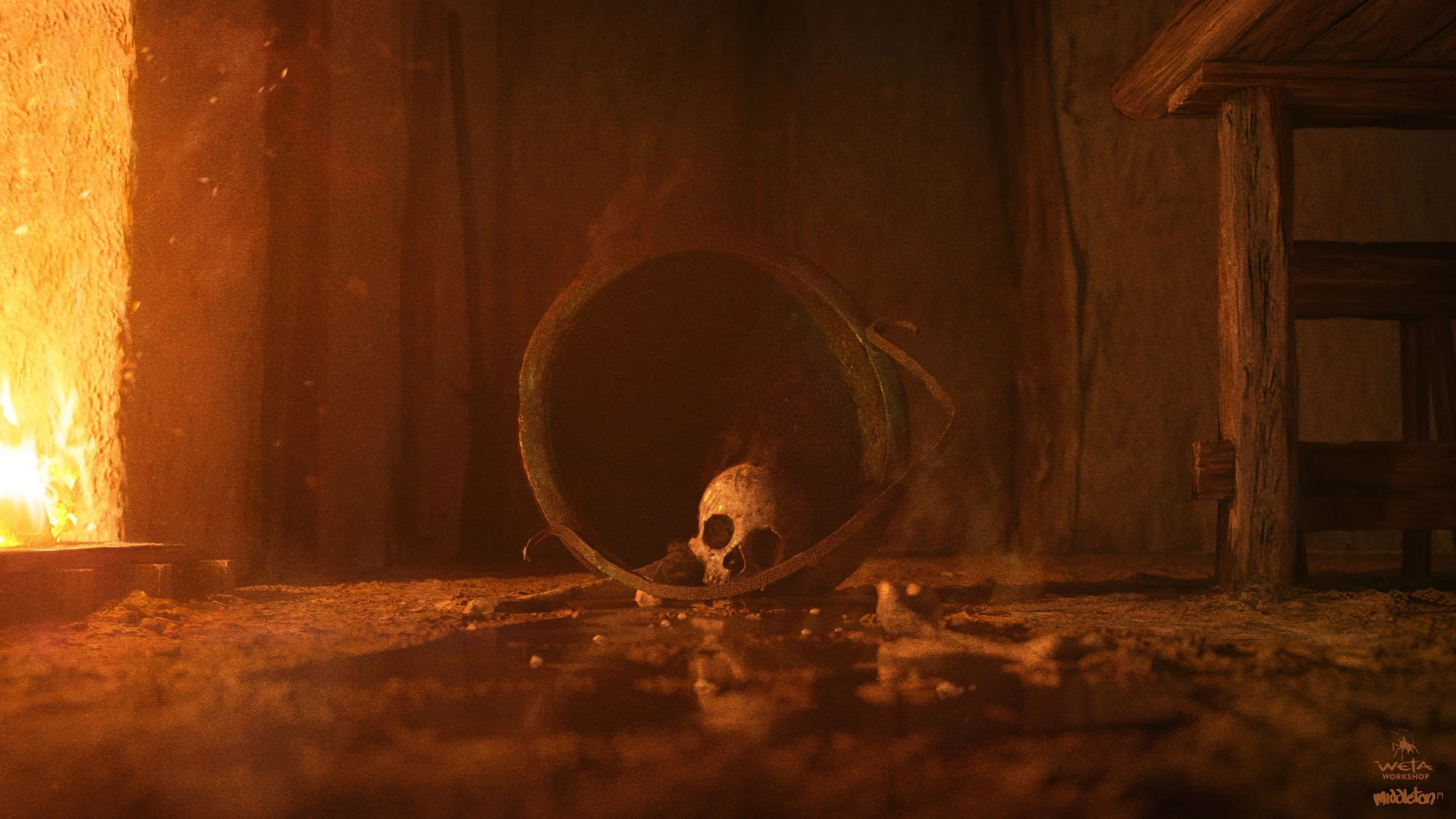 A dimly lit room with a skull placed in front of a barrel, a skeleton missing its lower jaw, with a skull, golf balls, and some small objects around it. A burning fire on the left side illuminates the scene, and a wooden bench is visible on the right