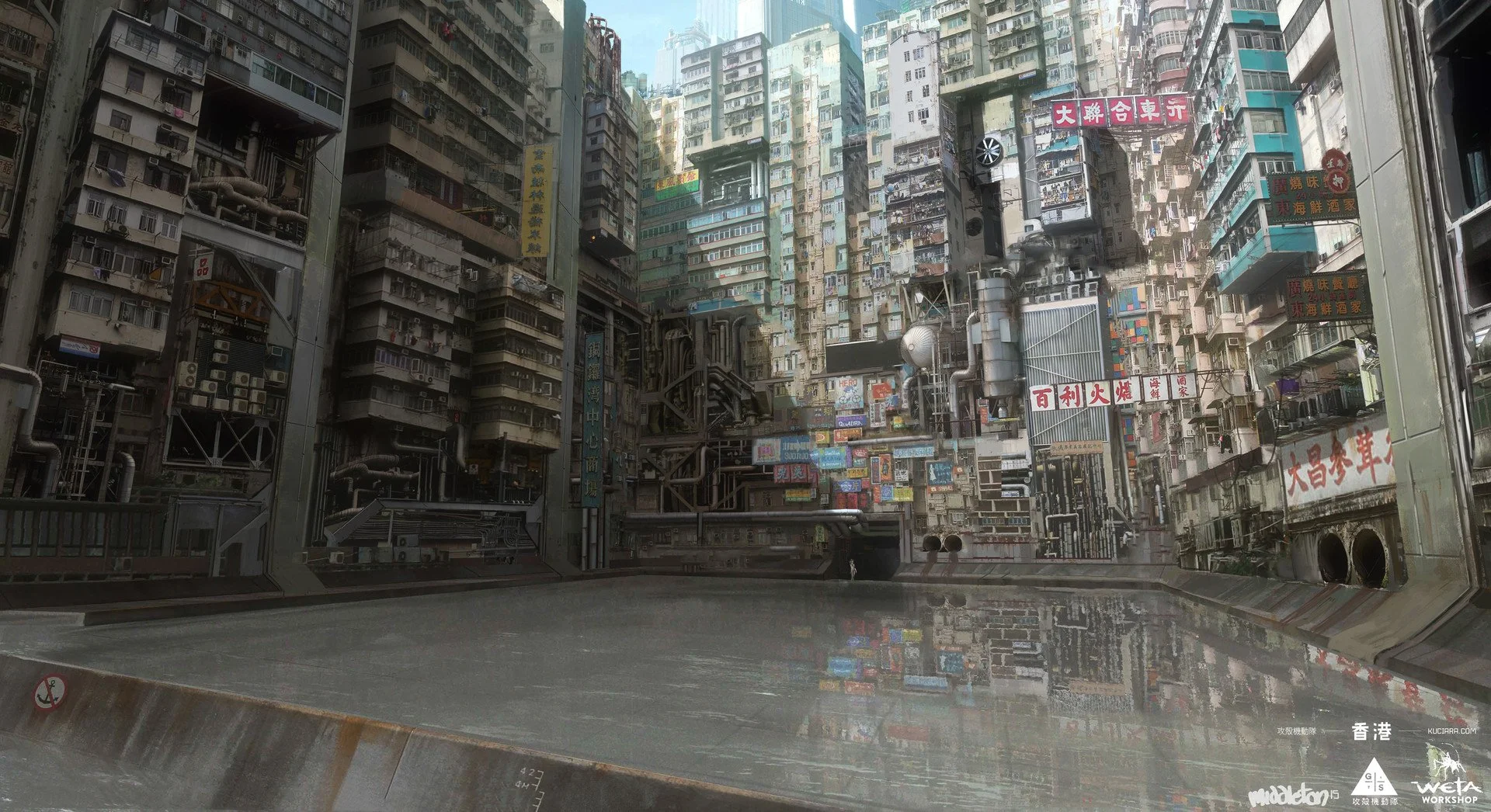 A futuristic cityscape with densely packed tall buildings, many with colorful signs in Chinese, and a street with reflections on the wet surface, viewed from inside a vehicle. Ghost in the Shell