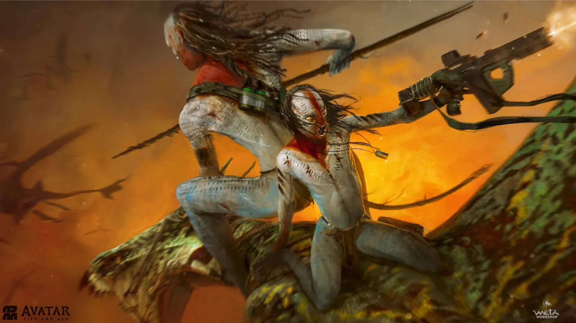 A dramatic scene from the movie Avatar: The Fire and Ash showing two Ash Anvi with blue-gray skin, painted faces, and tribal tattoos, equipped with weapons, riding on a large Ikran creature against a fiery orange sky.