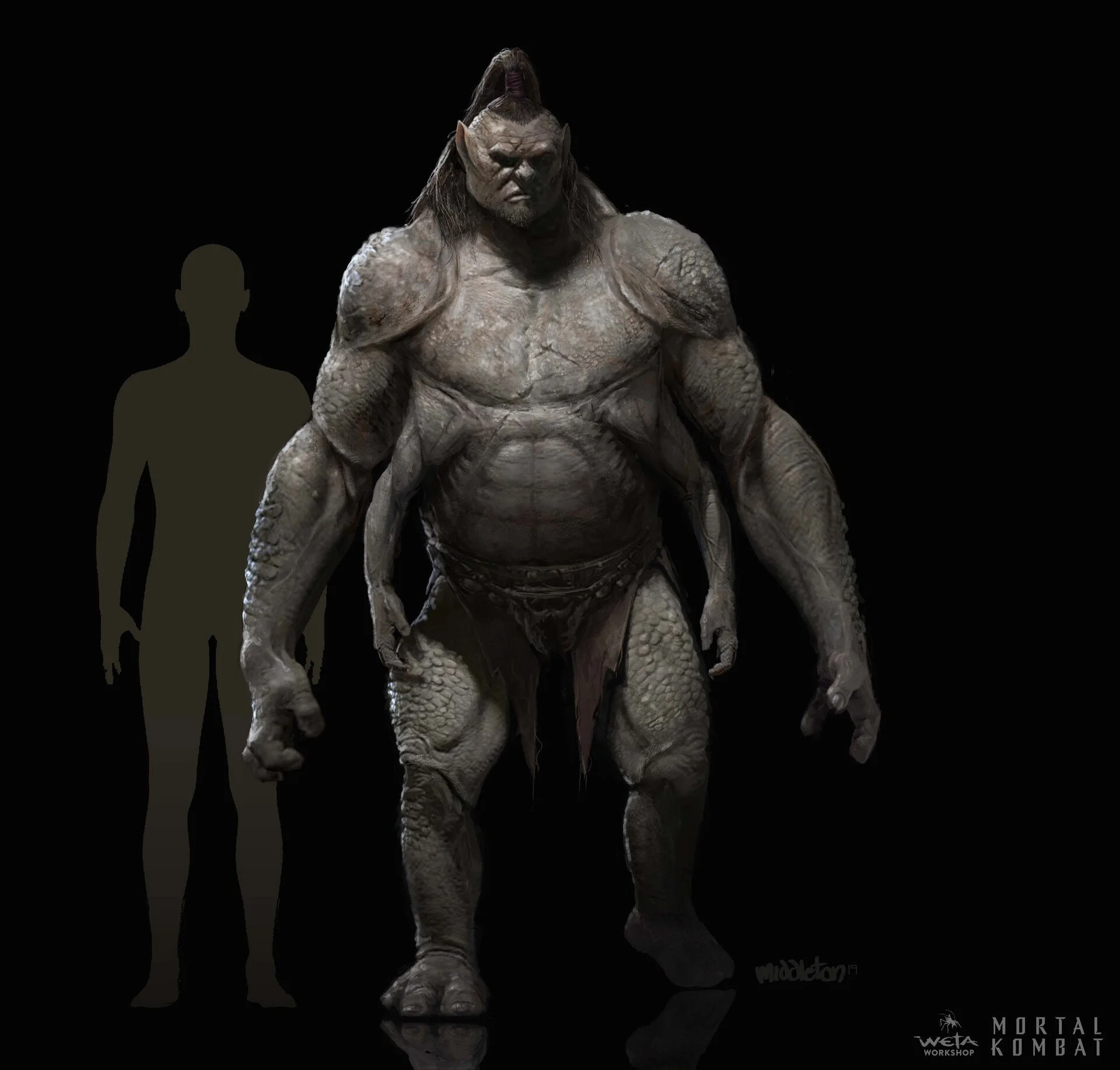 Digital sculpture of a large orc with pale, cracked skin, long dark hair, pointed ears, and muscular build, standing against a black background with a size comparison silhouette of a human on the left.