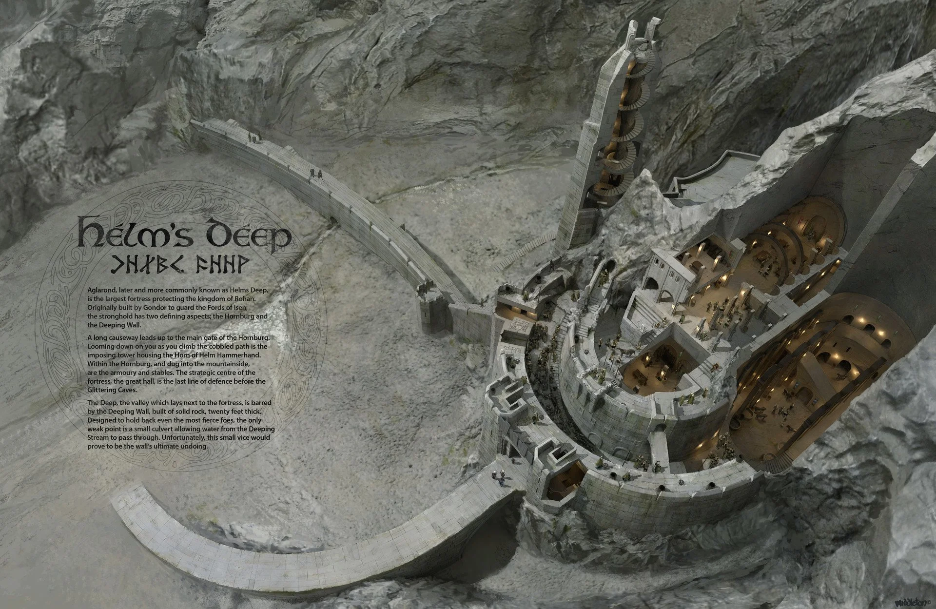 A detailed 3D rendering of Helms Deep, a fortress in a mountain valley from the Lord of the Rings. The fortress has multiple levels, towers, and a curved wall with a gate. The surrounding rocky terrain and steep cliffs dominate the landscape.