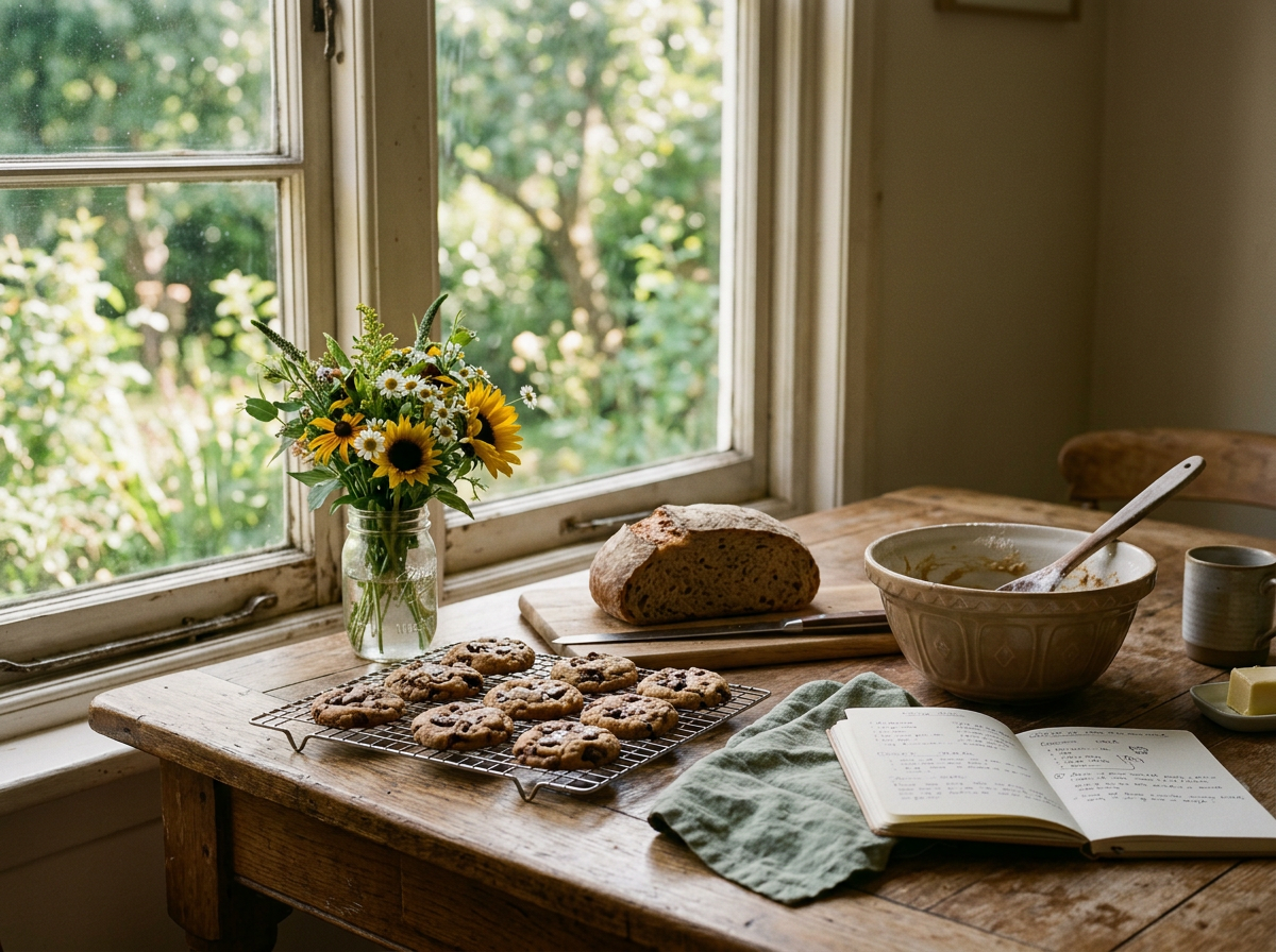 A rustic wooden table in front of a window with a view of greenery, holding a vase of sunflower and daisy flowers, freshly baked bread, a bowl with a spoon, a mug, a plate with butter, cookie, and an open cookbook with a green cloth underneath.