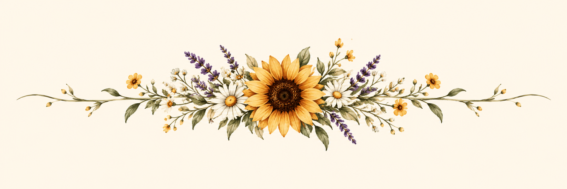 Decorative floral arrangement featuring a large sunflower at the center, white daisies, purple lavender, and small yellow flowers with green leaves on a light background.