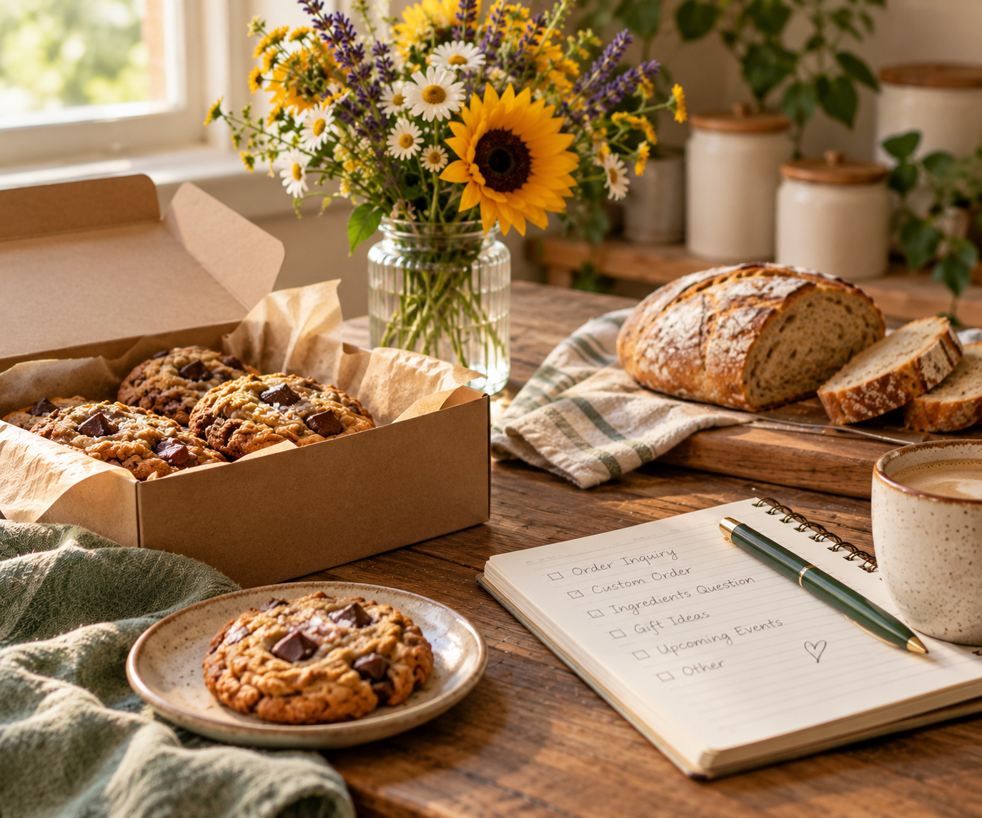 A wooden table set with a box of cookies, a sliced loaf of bread, a notebook with a pen, a mug of coffee, and a vase of colorful flowers.