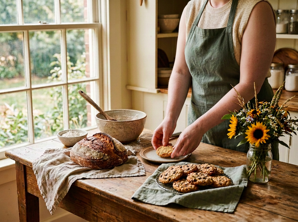Person decorating cookies on a wooden table in a cozy kitchen, with a loaf of bread, a bowl of dough, a plate of cookies, a jar of sunflowers, and a window showing outdoor greenery.