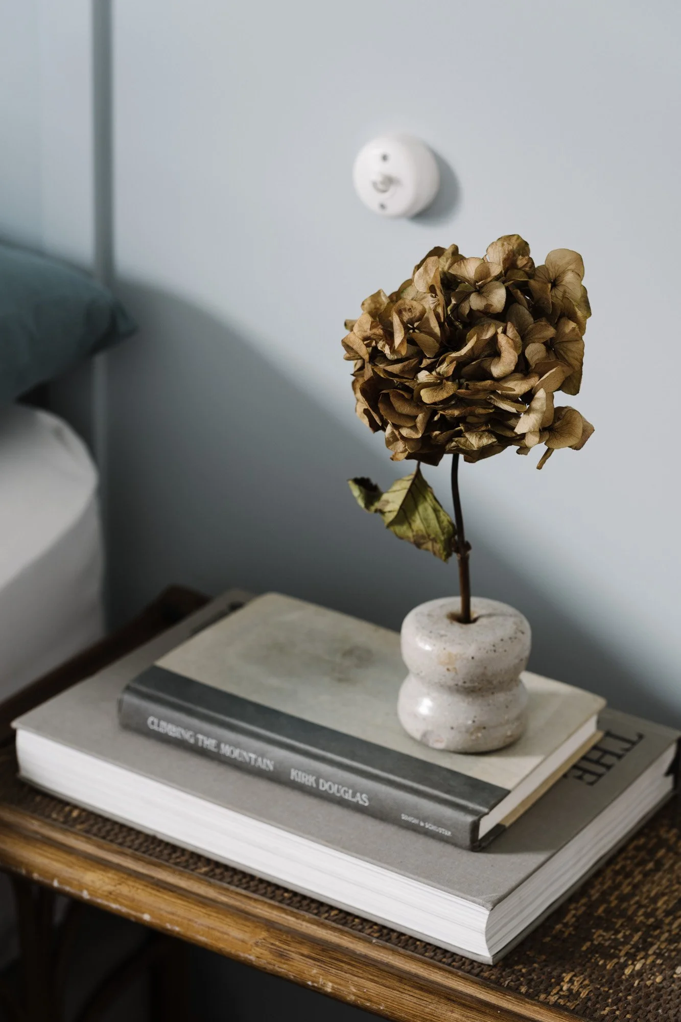 A dried hydrangea flower in a small ceramic vase on top of two large hardcover books on a wooden table. A wall with a smiley face smoke detector is in the background.