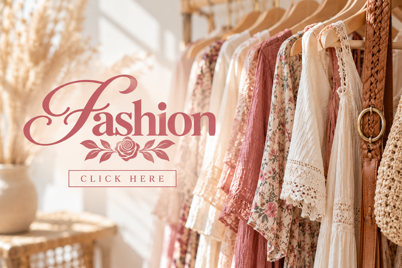Clothing rack with floral and lace dresses in soft pastel colors, with text overlay saying 'Fashion' and 'Click Here' in elegant script and box, soft natural lighting.