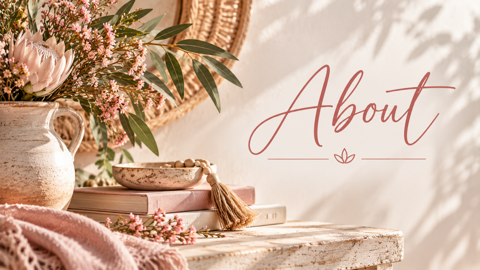 A white ceramic pitcher filled with pink and white flowers, a bowl with a beaded bracelet and tassel, pink books, a pink textured cloth, and a wicker mirror in the background, with the word "About" written in elegant script.