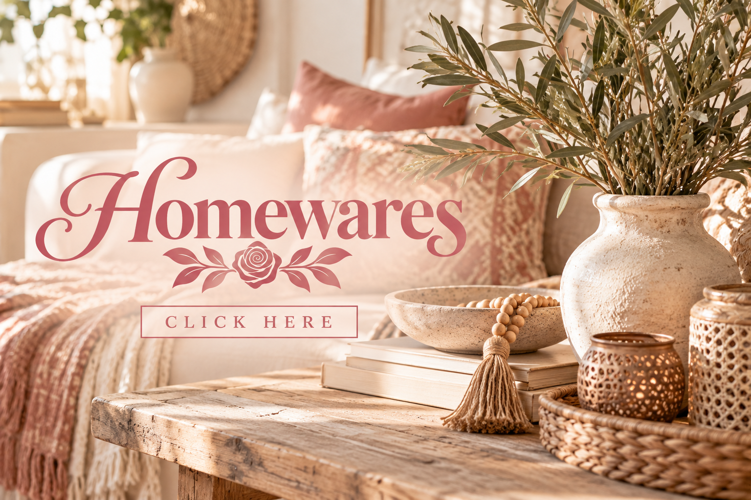 Decorative home interior with a rustic wooden table, a large vase with green foliage, candles, books, a beaded tassel, and a cozy bed with pink and white pillows in a sunlit room.