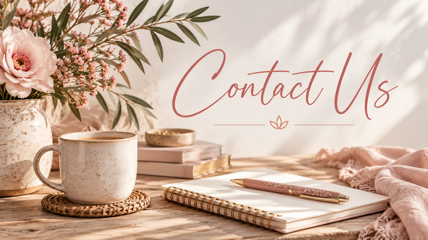 A rustic wooden table with a large vase of pink and purple flowers, a white speckled mug of coffee on a woven coaster, a notebook with a gold pen, a small bowl, and a stack of books. A soft pink cloth is draped on the right side, and in the background, there is text that says 'Contact Us' in cursive.