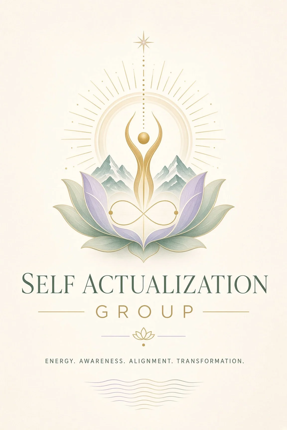 Elegant spiritual illustration featuring a lotus flower with mountains in the background, a radiant light behind a stylized figure, a star at the top, and the words 'Self Actualization Group' with the tagline 'Energy. Awareness. Alignment. Transformation.'
