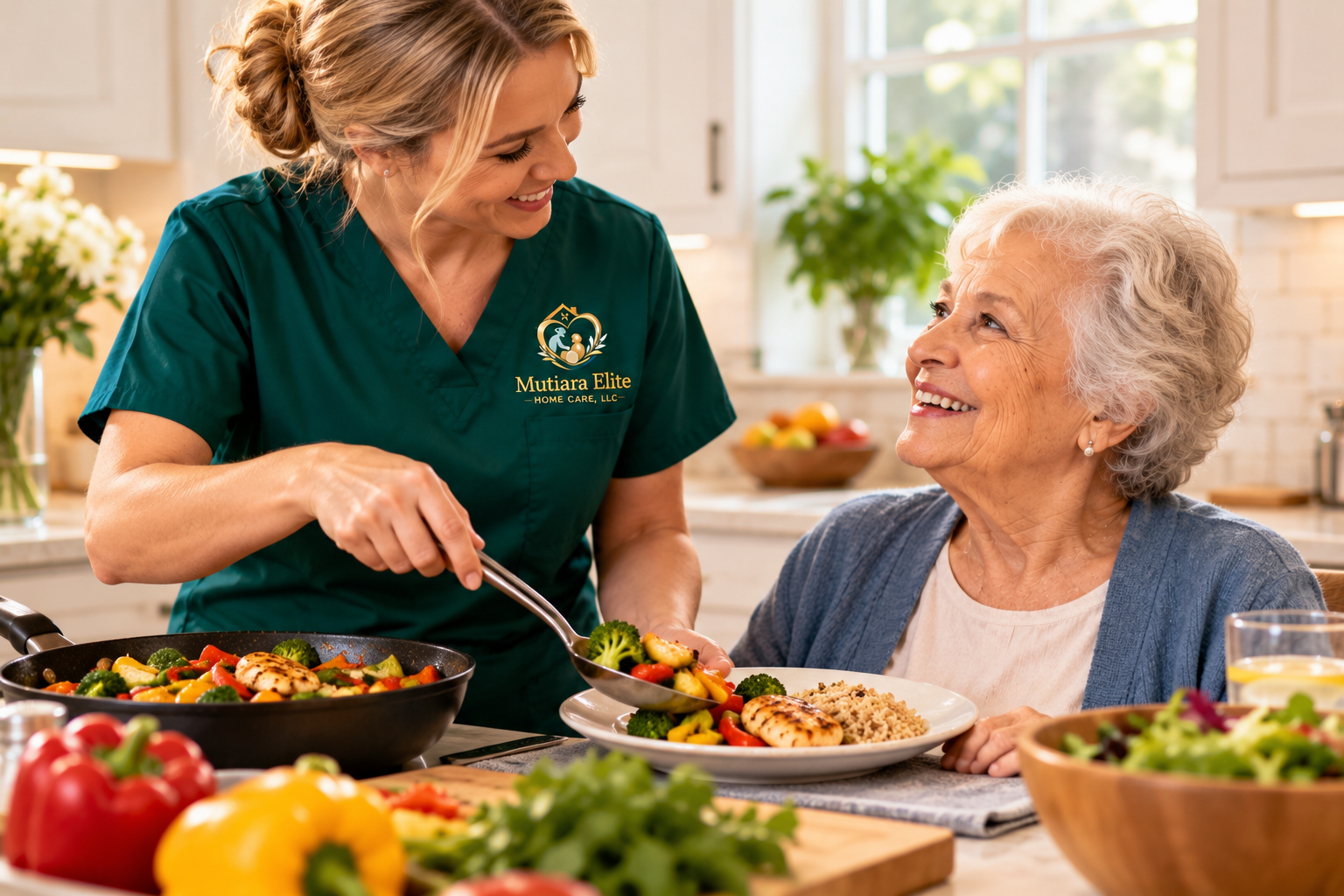 A caregiver serving food to an elderly woman at a kitchen table, both smiling with vegetables and a plate of cooked food in front of her.