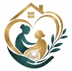 Illustration of a woman and a girl inside a house-shaped outline with heart and leaf designs, symbolizing family and nurturing.