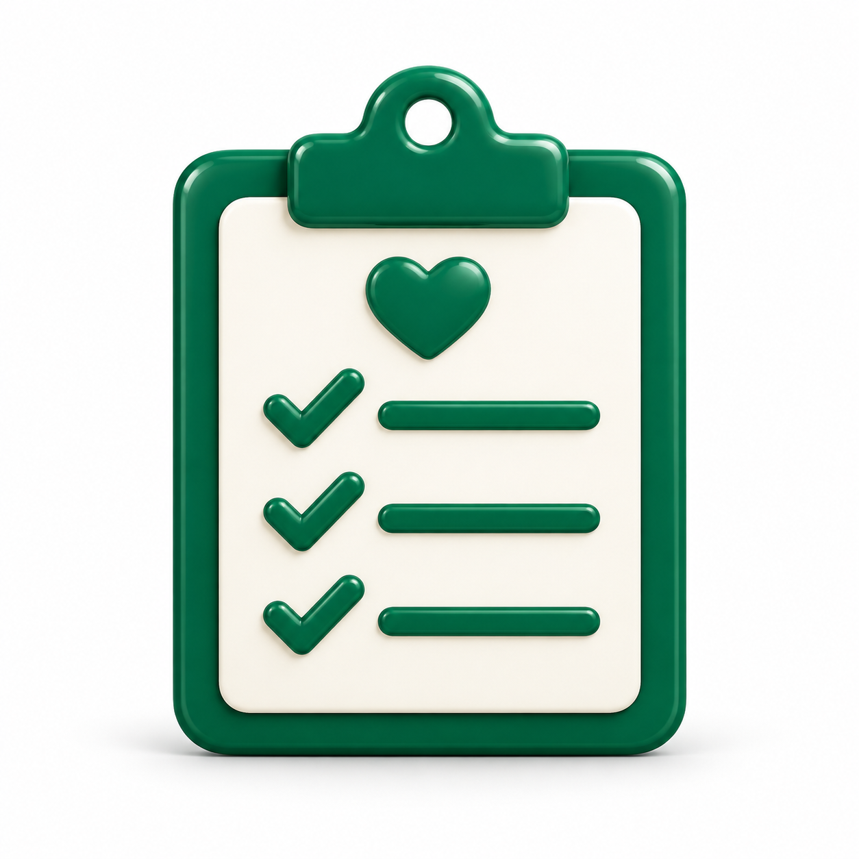 Green clipboard with a white paper listing three green checkmarks and lines, a green heart at the top, on a white background.