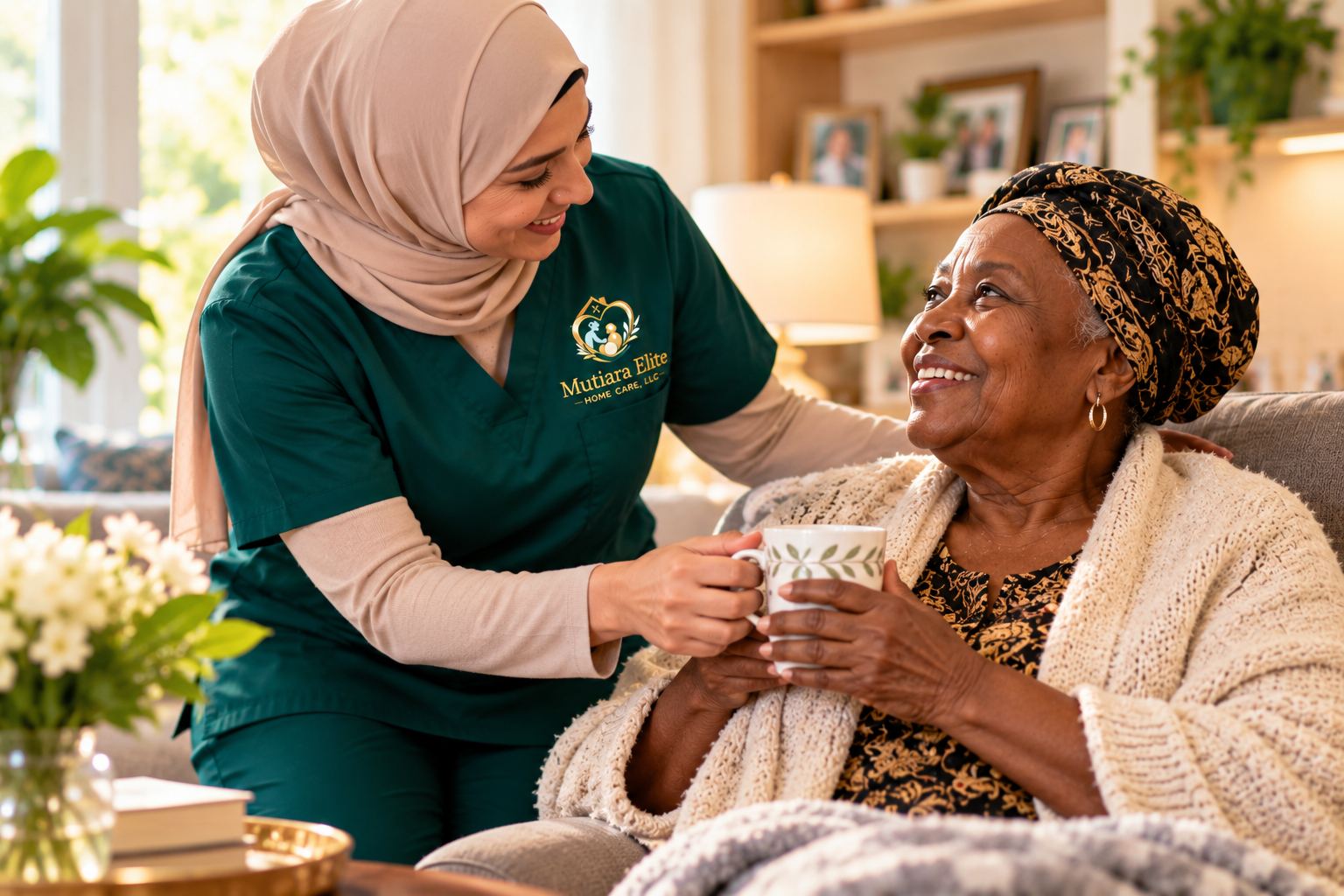A caregiver in teal scrubs with the logo 'Mutiara Elite Home Care, LLC' helping an elderly woman with a cup of tea in a cozy living room.
