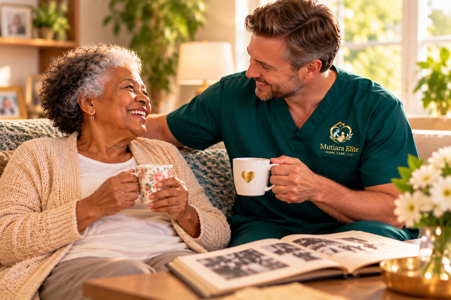 An elderly woman and a caregiver sit together on a couch, smiling and sharing a moment with cups of tea or coffee. The woman holds a floral mug, and the caregiver holds a white mug with a gold heart. A photo album is open on the table in front of them, surrounded by a vase of white flowers. The room is warmly lit with sunlight coming through the window.