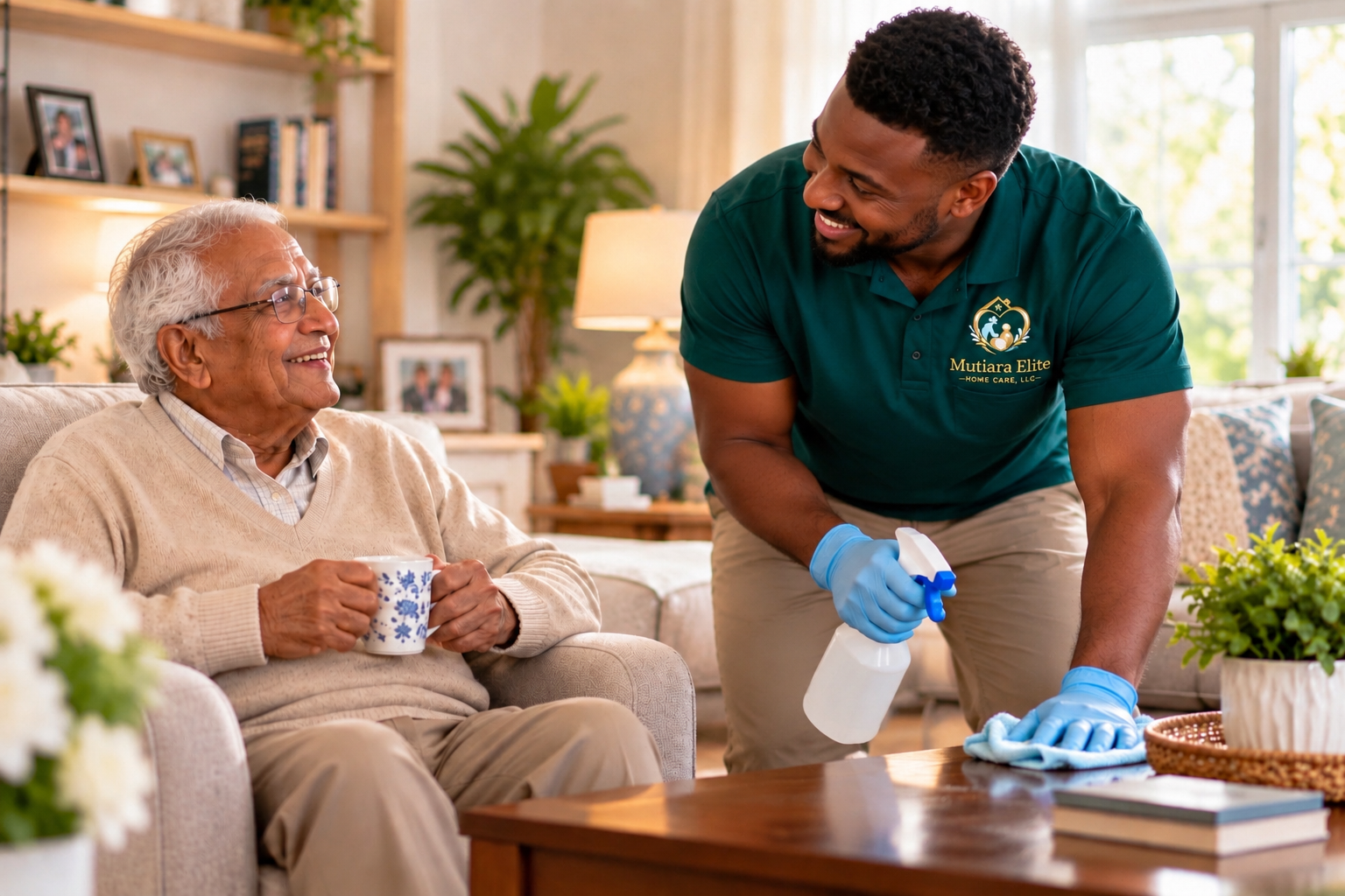 A caregiver in a green uniform cleaning a coffee table while talking to an elderly man sitting on a couch holding a mug, in a cozy living room with plants and photos in the background.