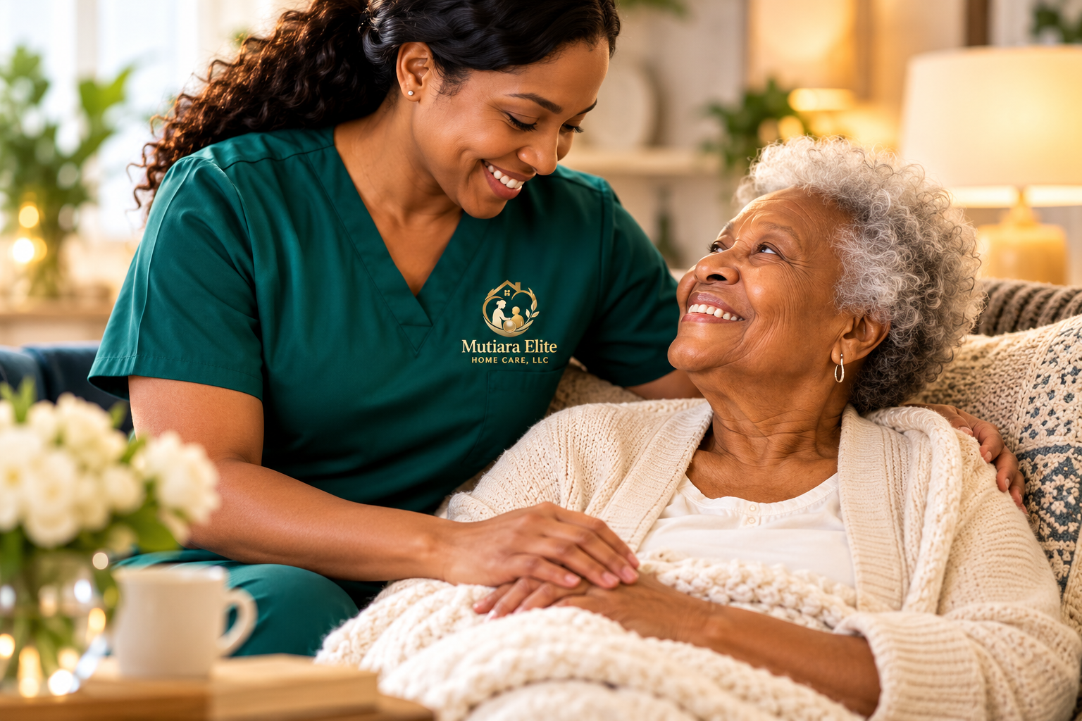 A healthcare worker with a green uniform smiling at an elderly woman sitting on a couch. They are holding hands and sharing a warm moment indoors, with a cozy background.