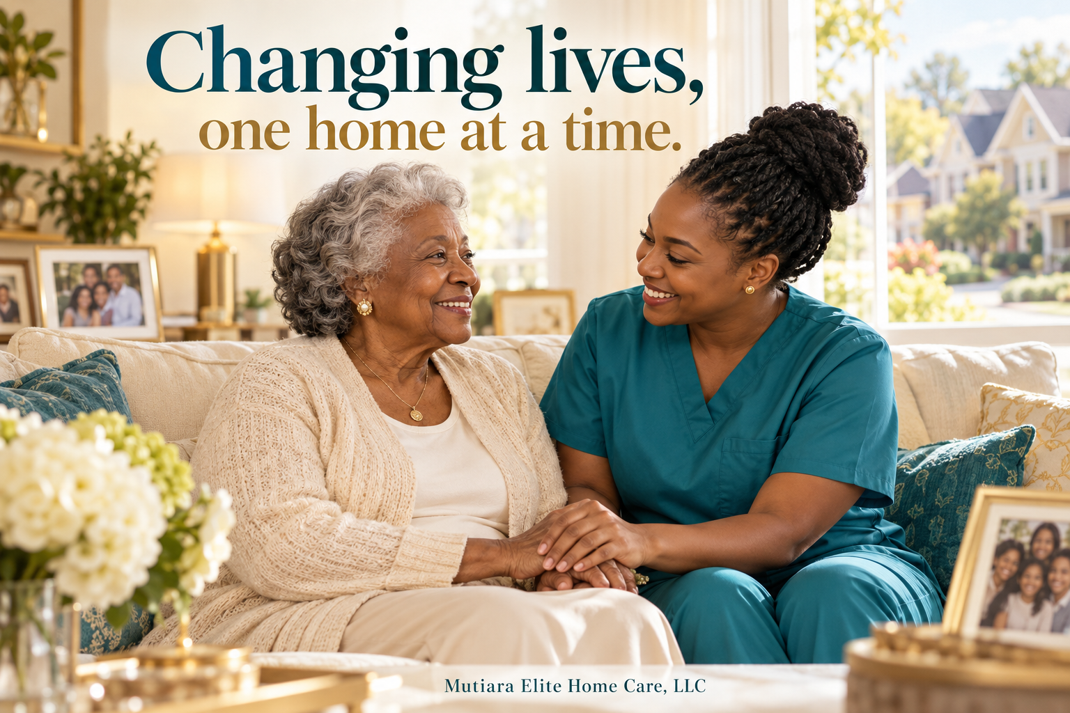 An elderly woman and a caregiver, a younger woman, smiling and holding hands in a bright living room with family photos on the wall and a window showing a neighborhood outside.