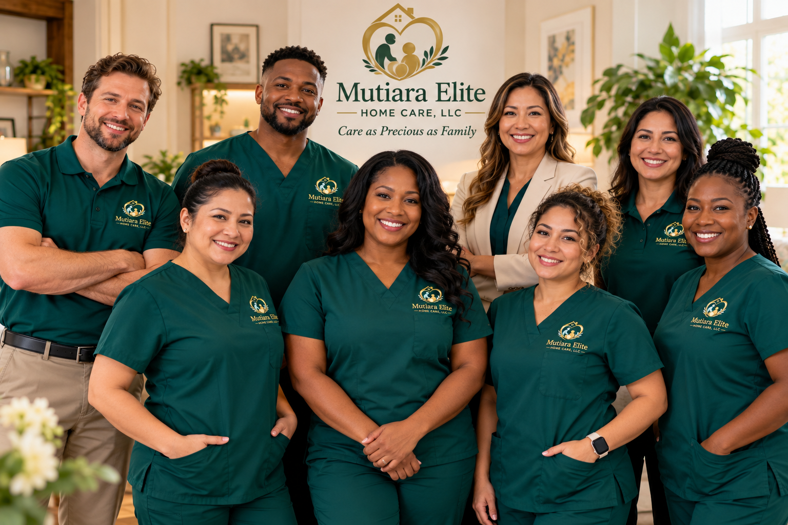 Group photo of diverse caregivers in teal scrubs and one in beige blazer, standing in a warmly decorated room with a plant, picture frames, and a logo for Mutiara Elite Home Care, LLC in the background.