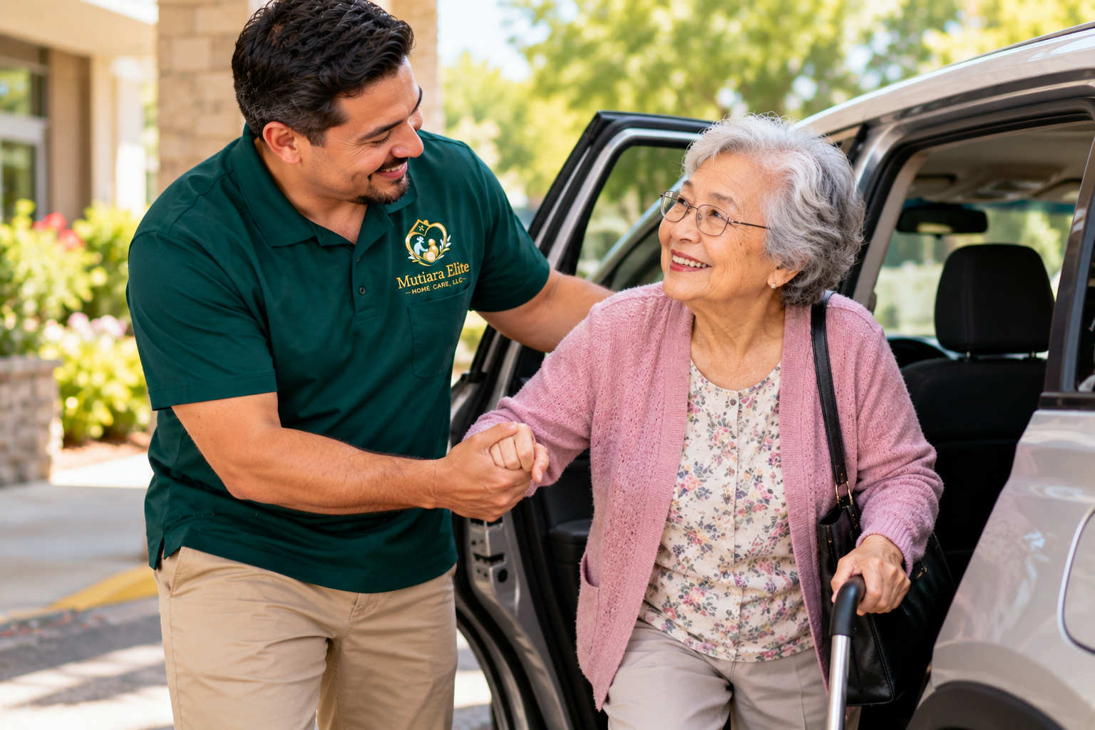 A caregiver helping an elderly woman out of a vehicle outdoors. The caregiver is smiling and wearing a green shirt with a logo and text. The elderly woman is smiling, holding a cane, and wearing glasses and a pink cardigan.