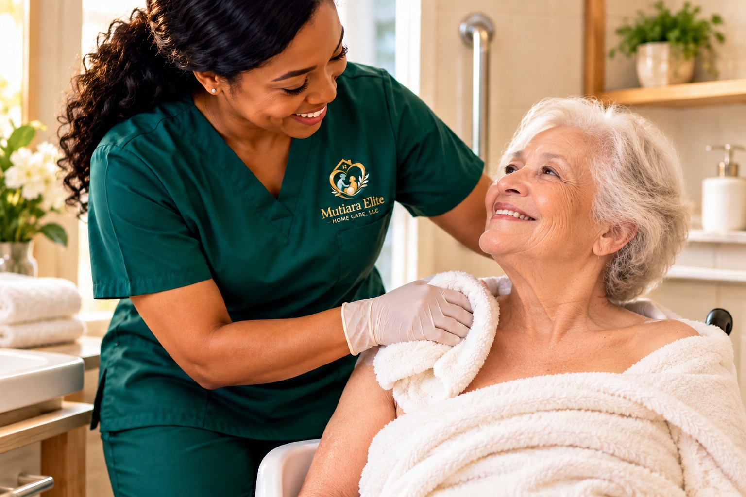 A caregiver from Mutiara Elite Home Care, LLC caring for an elderly woman in a warmth-filled environment, smiling at each other.