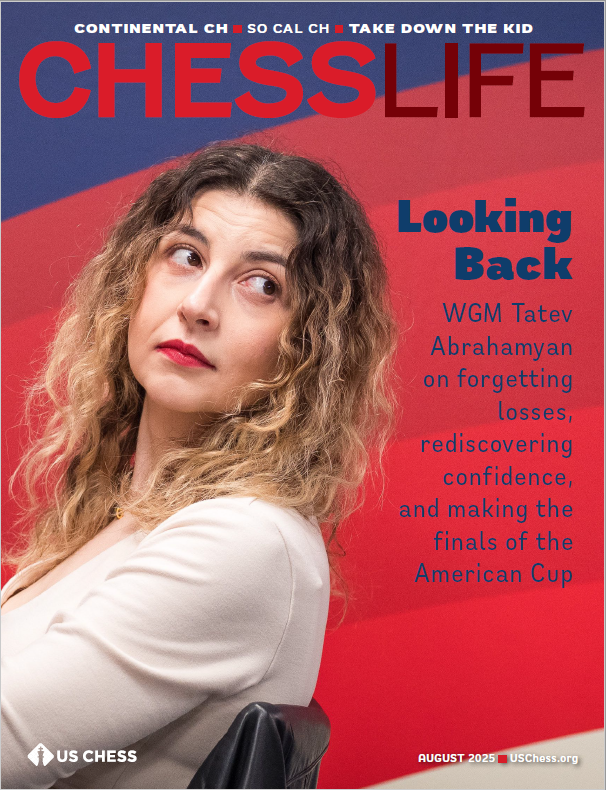 Cover of Chess Life magazine featuring a woman with curly blonde hair looking thoughtfully to the side, set against a red background with blue and white accents. The text highlights a feature about WGM Tatev Abrahamyan reflecting on her journey in chess.