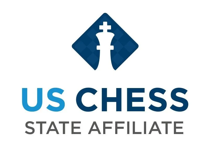 Logo for US Chess State Affiliate featuring a stylized white king chess piece against a blue diamond-shaped background.