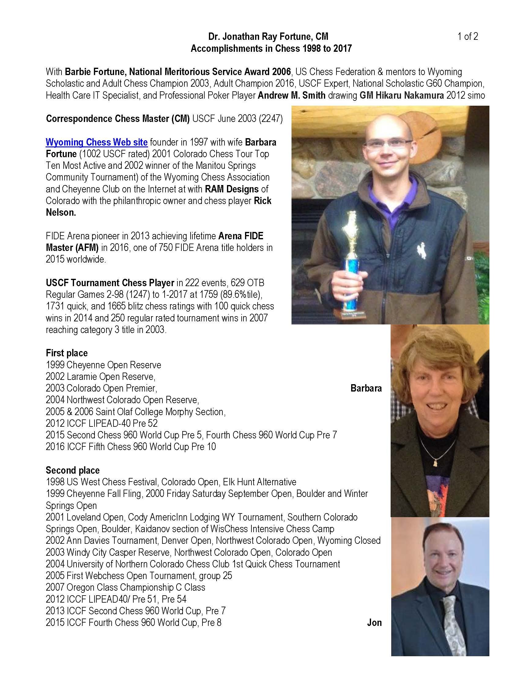 Page from a professional document detailing Dr. Jonathan Ray Fortune's chess career highlights, with photos of four individuals on the right side, including a man holding a trophy, a woman, and two men, all smiling.