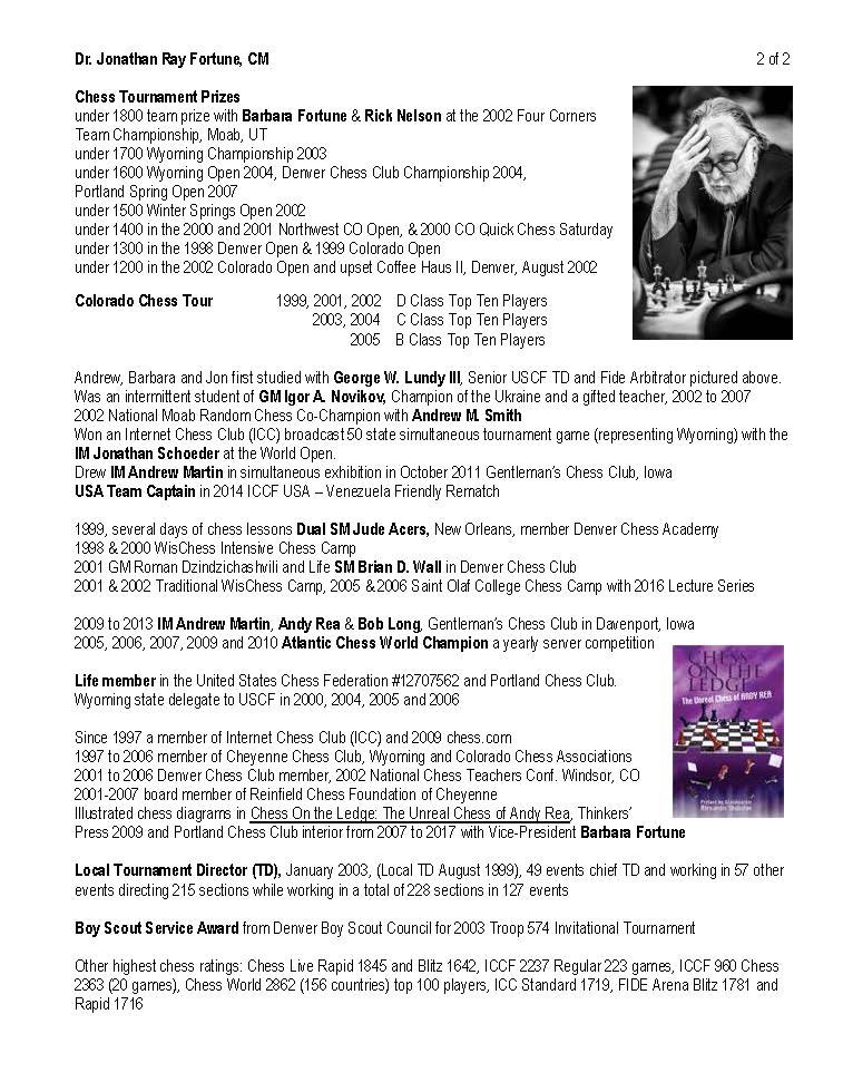A detailed resume of Dr. Jonathan Ray Fortune, CM, highlighting his achievements in chess, including tournament victories, coaching, and awards, with a small black and white photo of him playing chess.