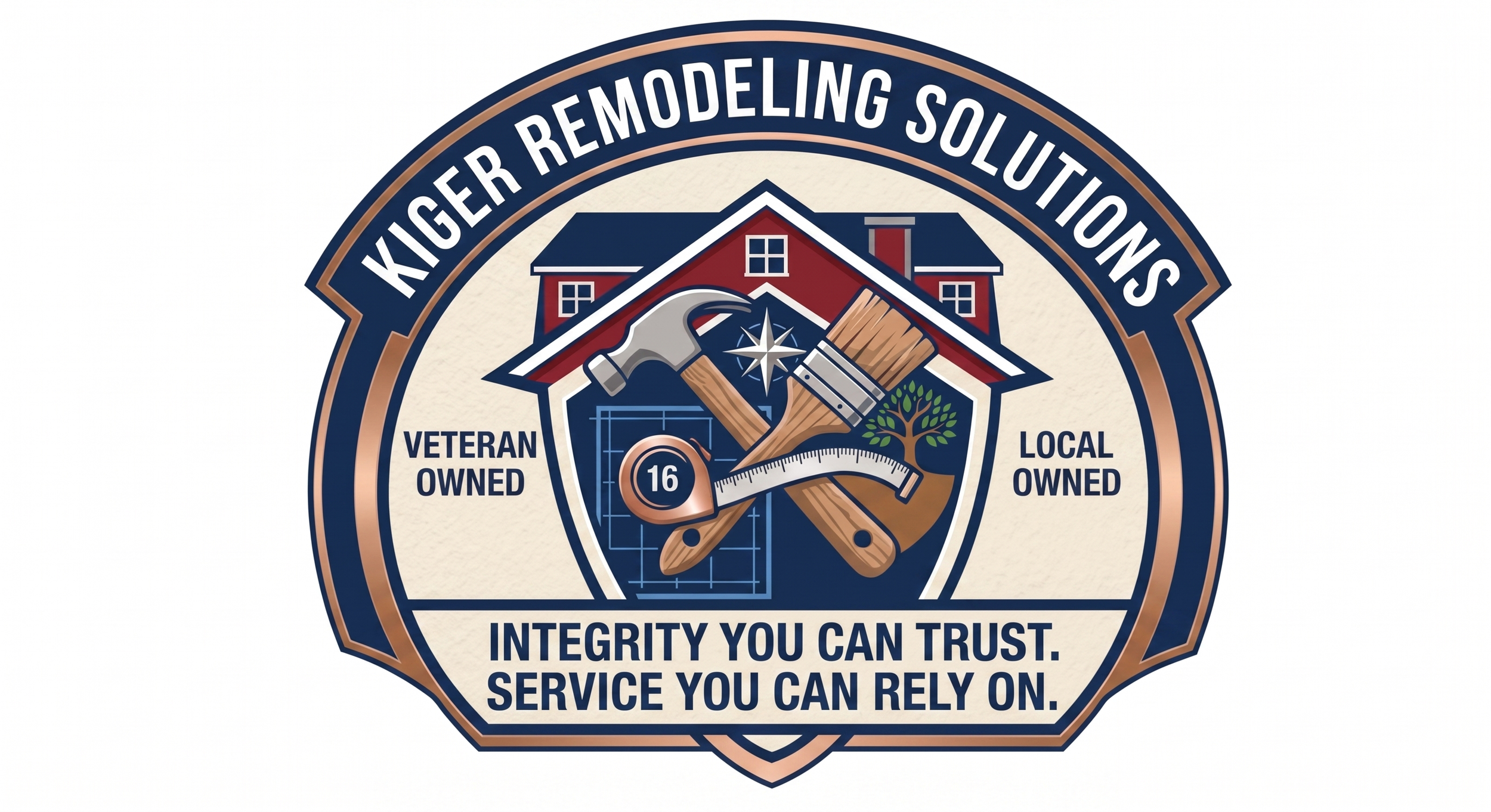 Logo for Kiger Remodeling Solutions featuring a house with renovation tools, a hammer and a paintbrush crossed in front, and a tree in the background. Text indicates veteran and local ownership, emphasizing integrity, trust, service, and reliability.