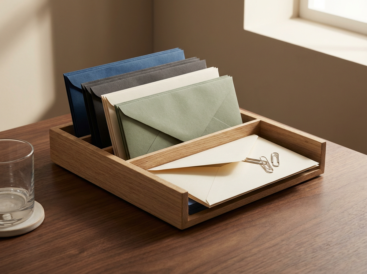 A wooden desk organizer containing colored envelopes, some paper clips, and a glass of water on a coaster, with sunlight coming through a nearby window.