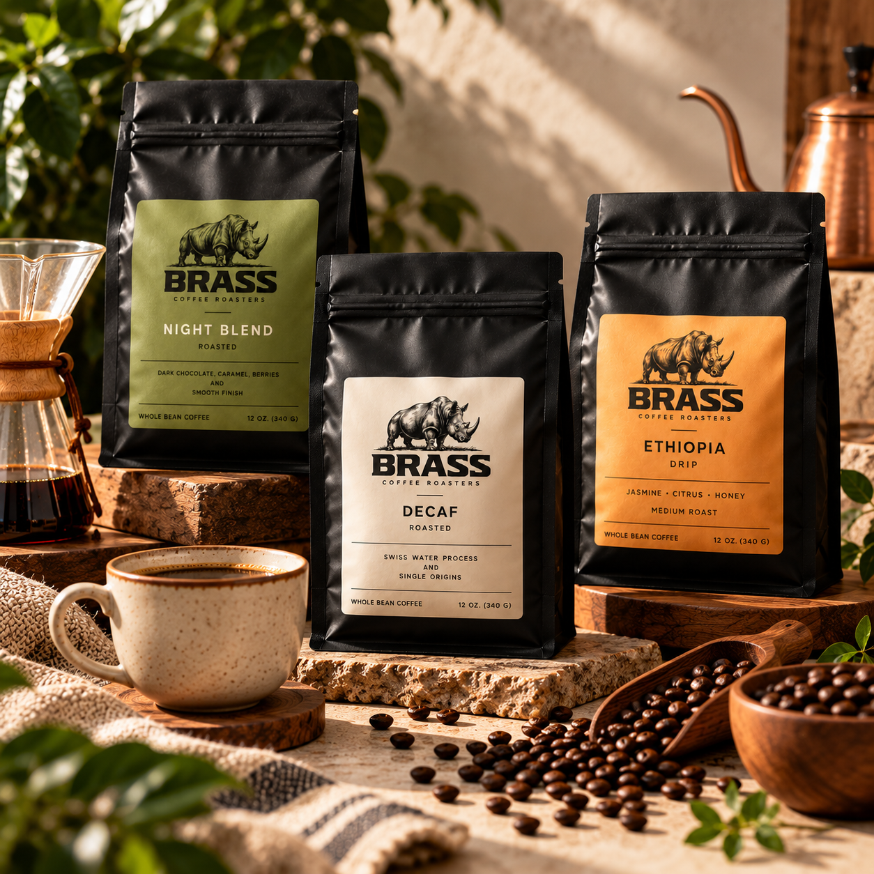Three Brass Coffee Roasters whole-bean coffee bags—Night Blend, Decaf, and Ethiopia—displayed with brewed coffee, beans, and pour-over equipment.