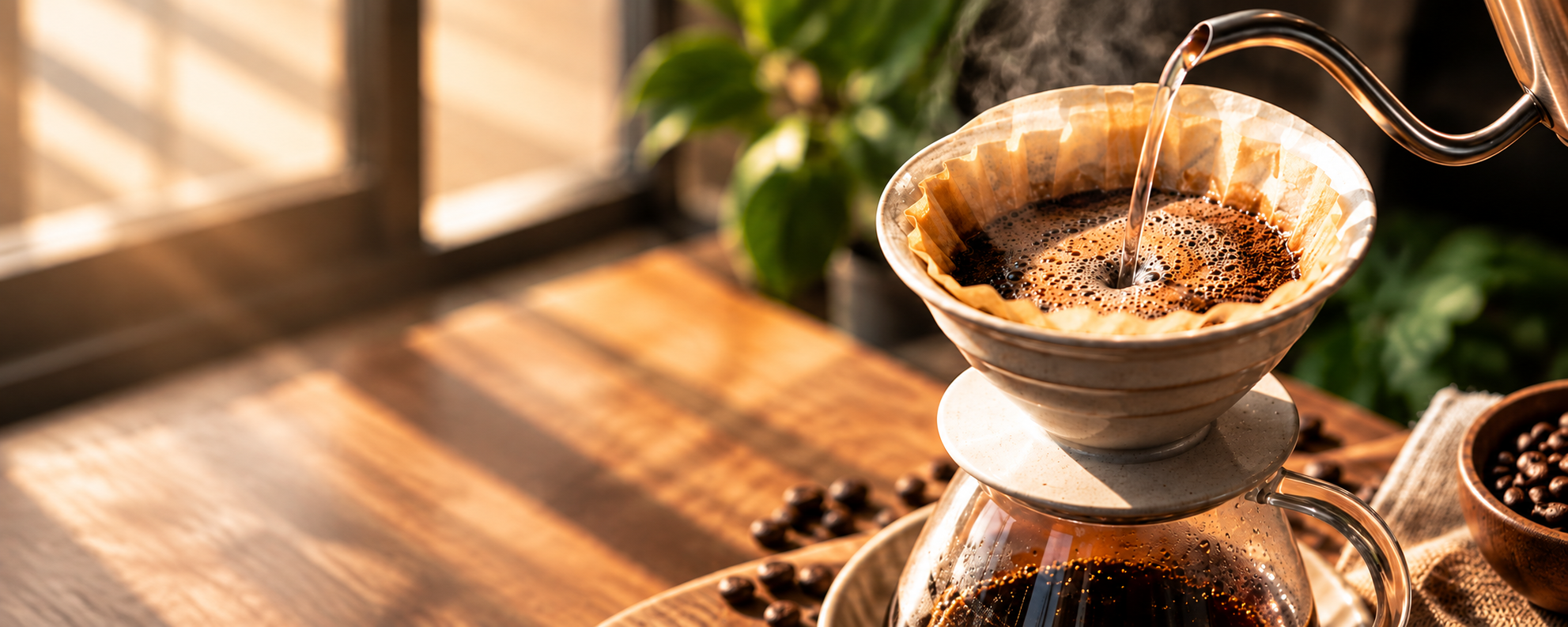 Pour-over coffee brewing in a ceramic dripper over a glass carafe, with coffee beans on a sunlit wooden table.