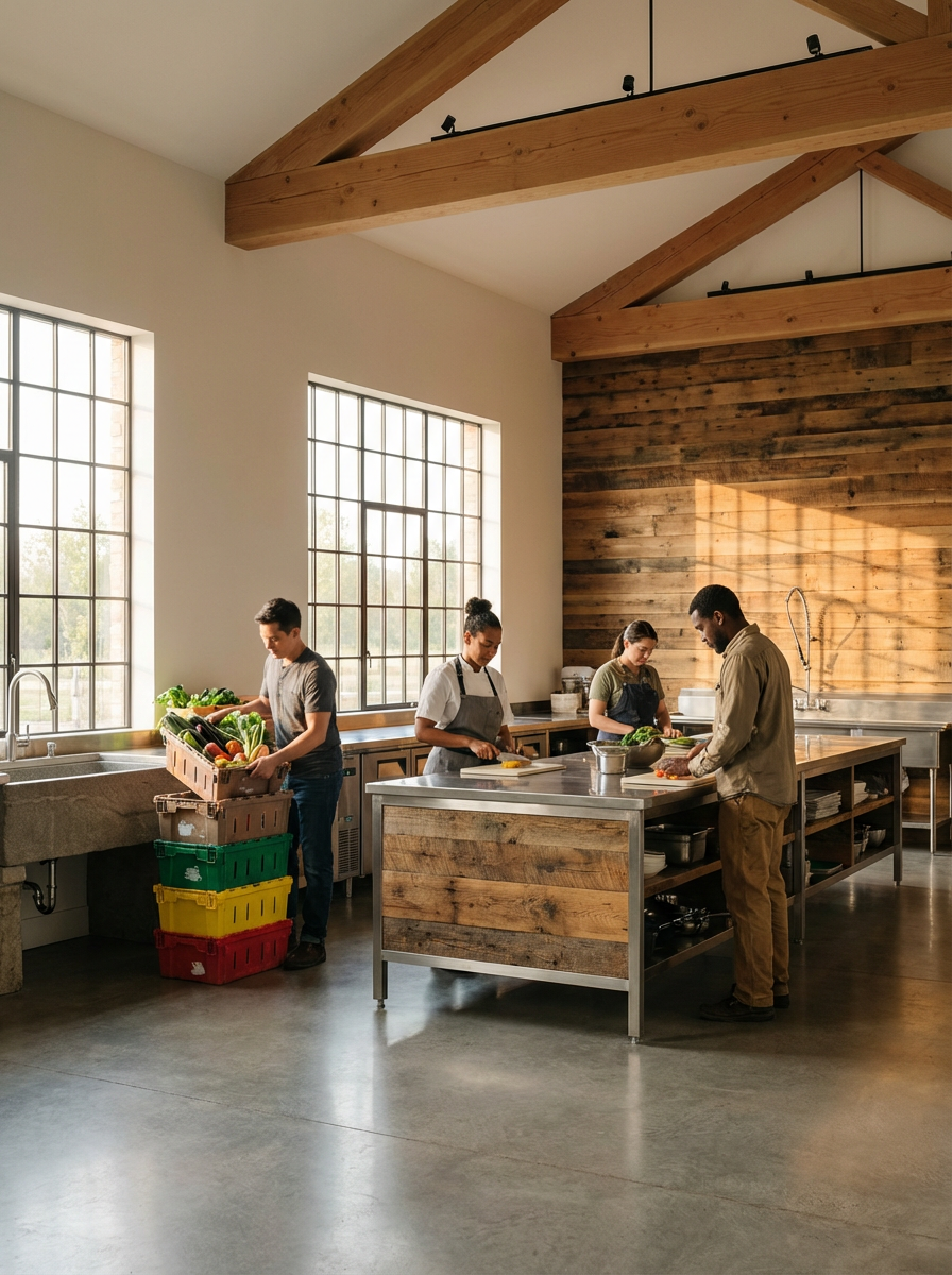 Four people working in a modern kitchen with large windows and wooden accents, chopping vegetables and preparing food.