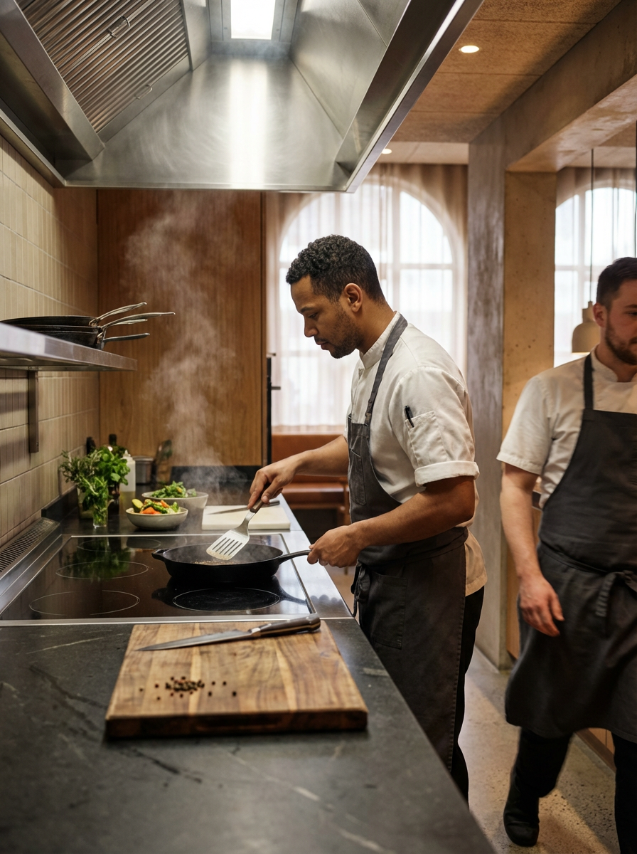A chef cooking on a stovetop in a modern kitchen, with another chef nearby; the kitchen has wooden accents and a large window with curtains.