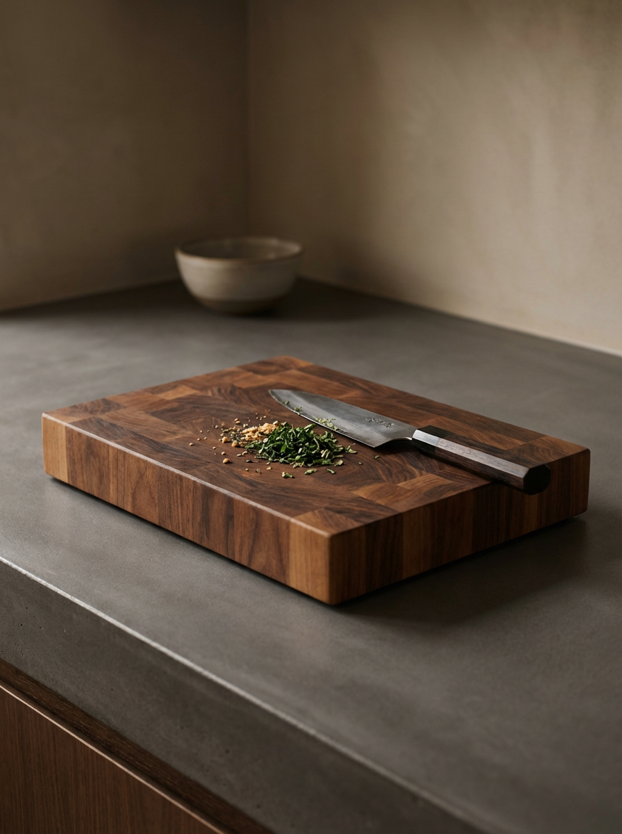 A wooden cutting board with chopped herbs and a chef's knife on top, set on a gray countertop in a minimalist kitchen.