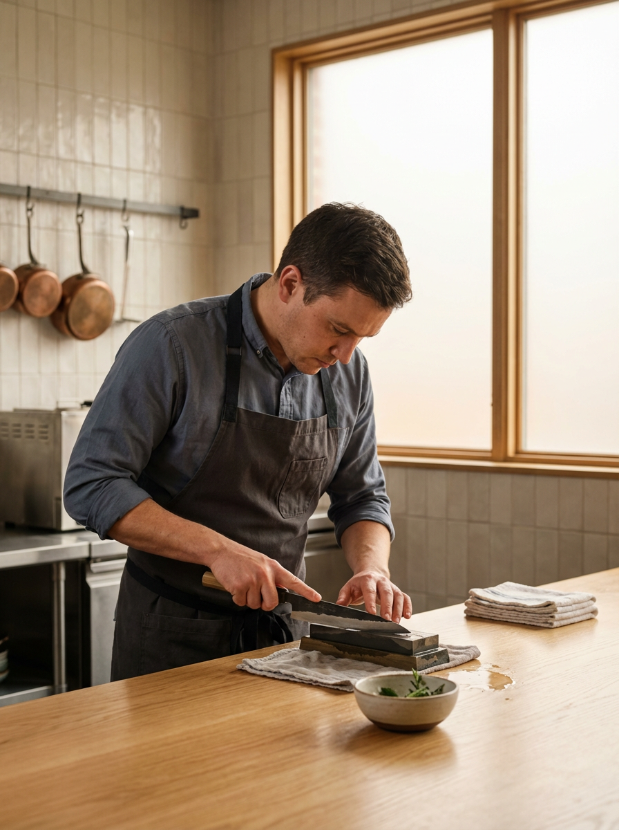 Man chopping vegetables at a kitchen counter, wearing a gray shirt and a dark apron, with a window in the background.
